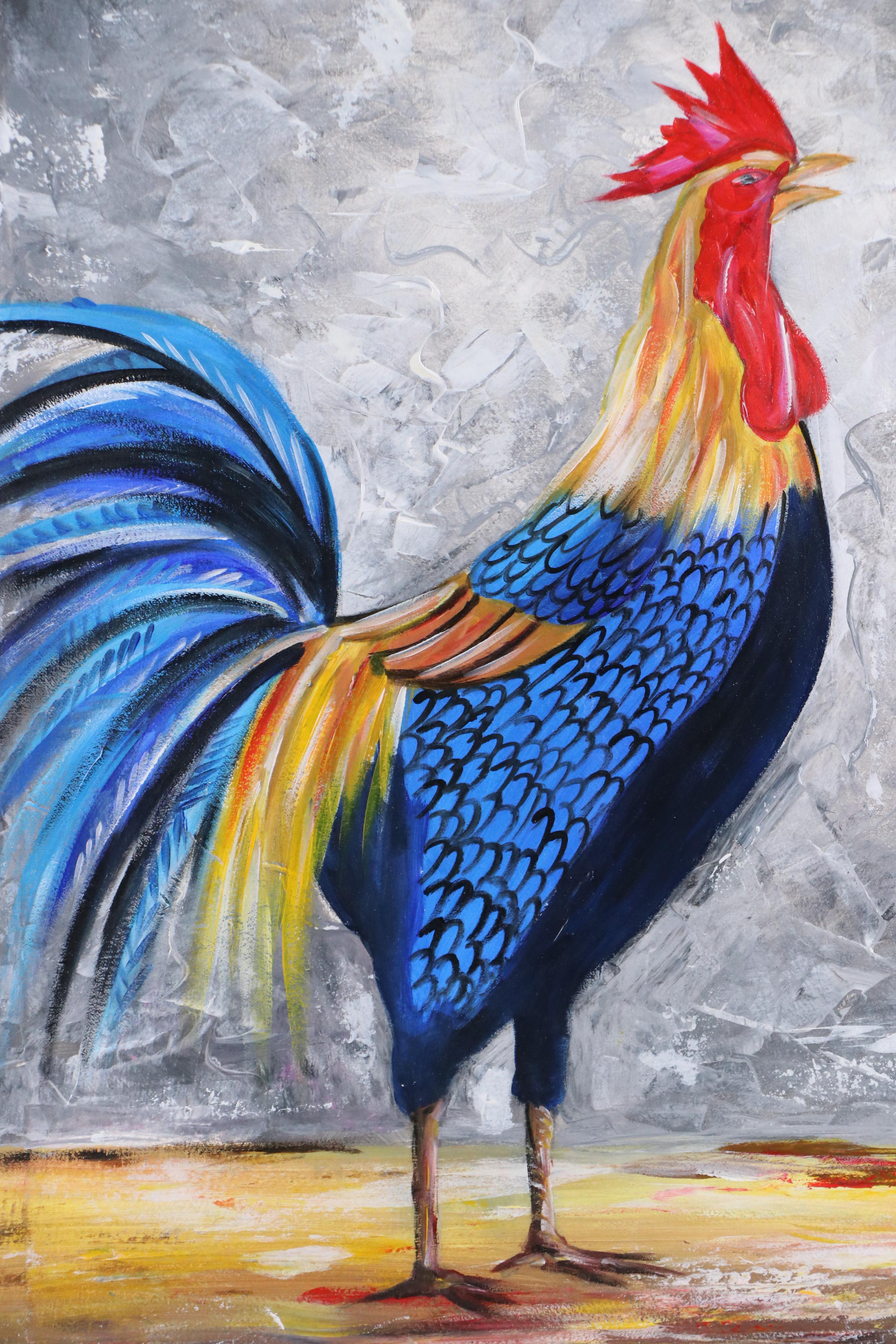 Bayo Ogundele Stylized Floral Oil Painting of a Rooster, 2025