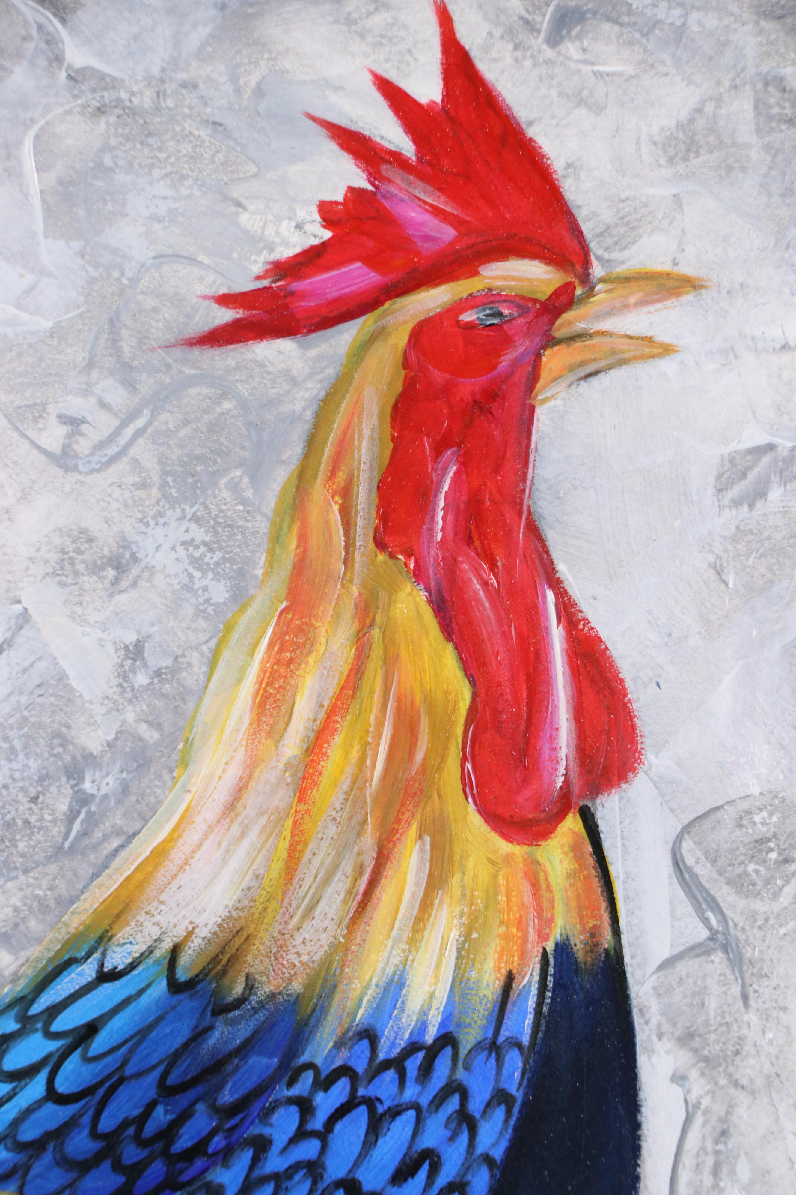Bayo Ogundele Stylized Floral Oil Painting of a Rooster, 2025