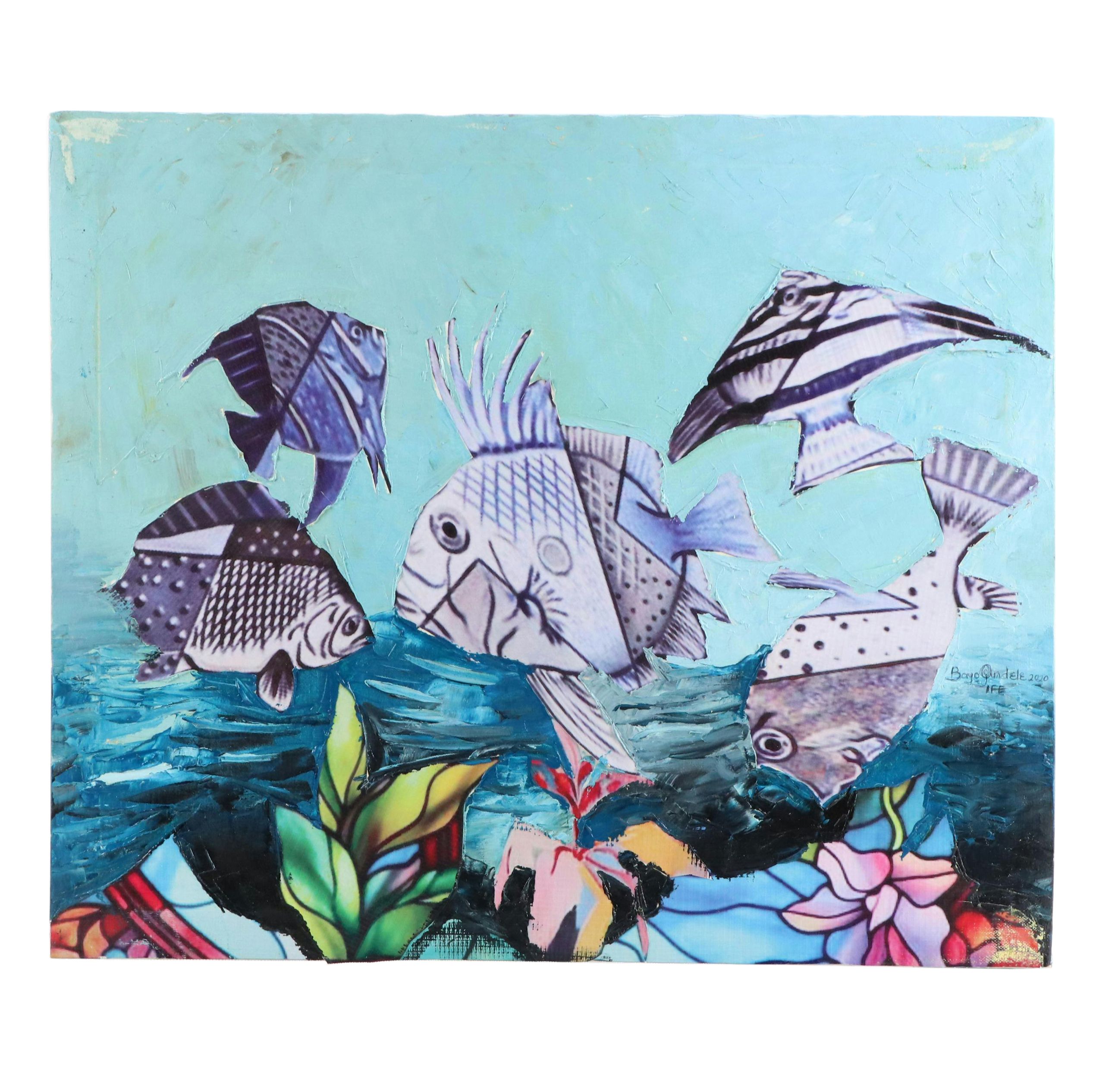 Bayo Ogundele Mixed Media Collage of Underwater Scene, 2020