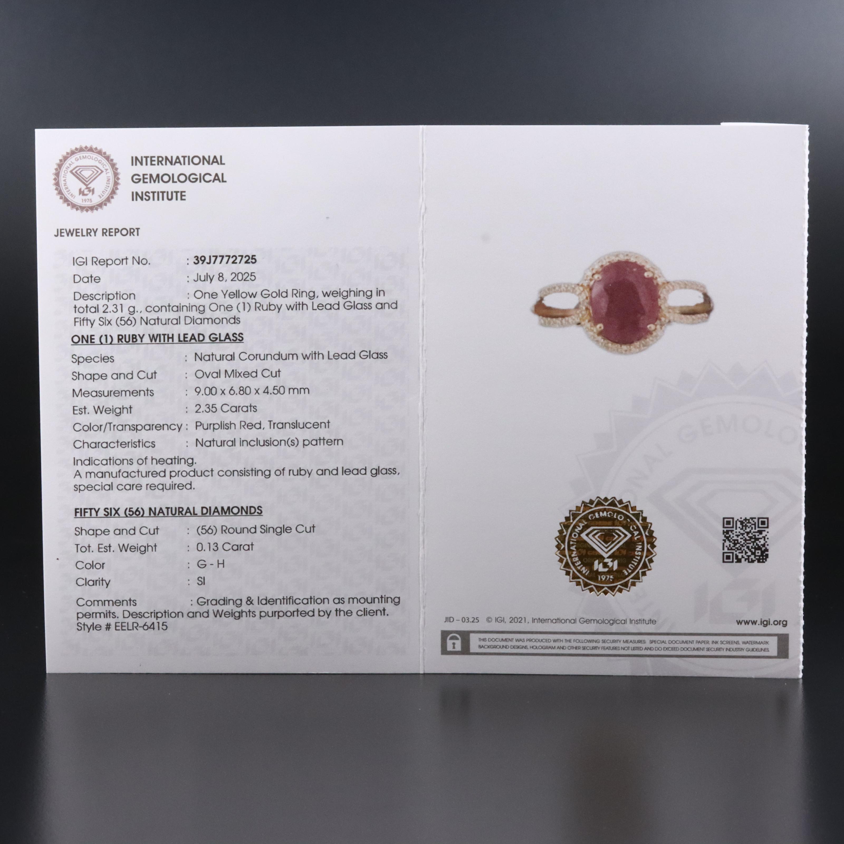 14K Filled Corundum and Diamond Ring with IGI Jewelry Report