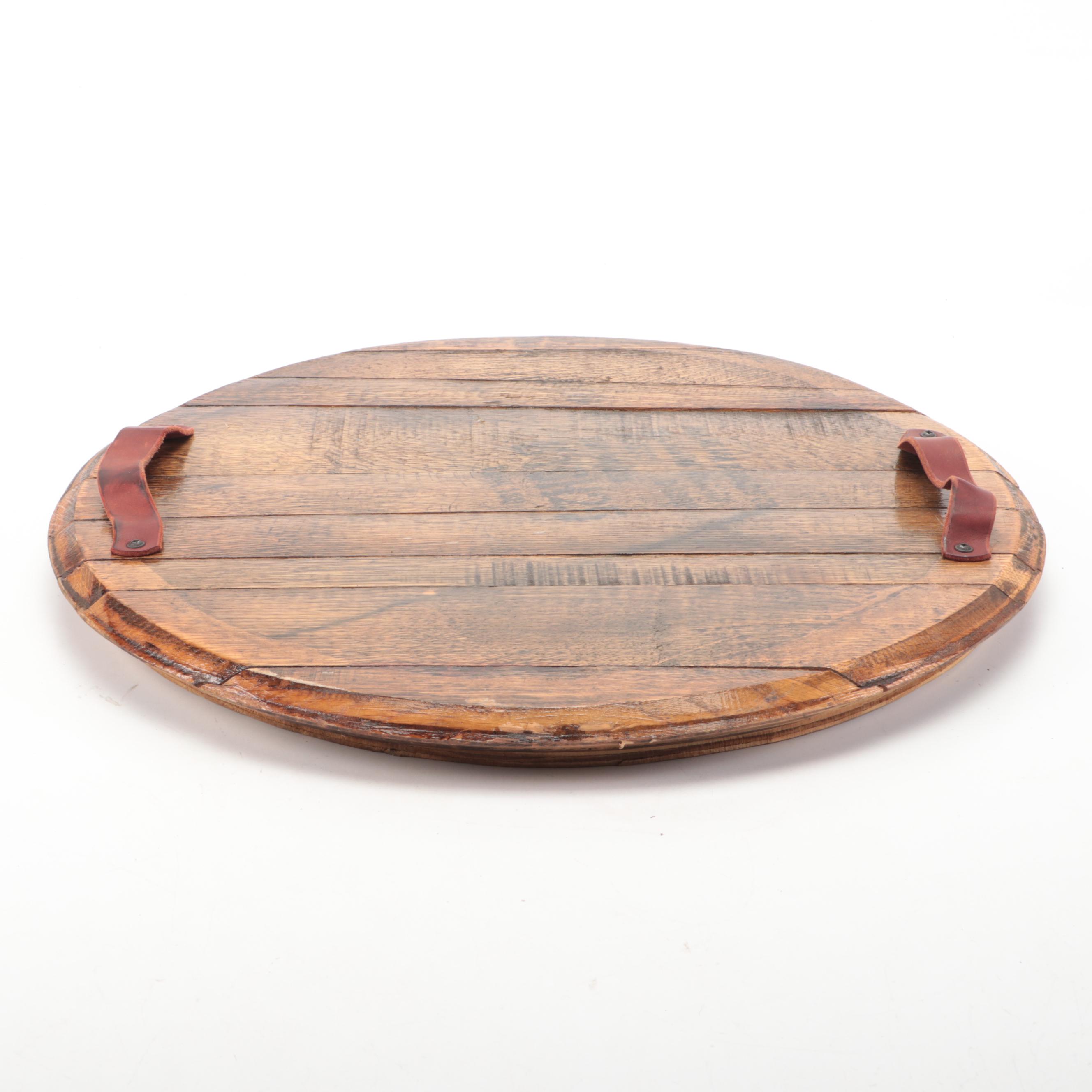 Oak Bourbon Barrel Top Serving Tray with Leather Handles