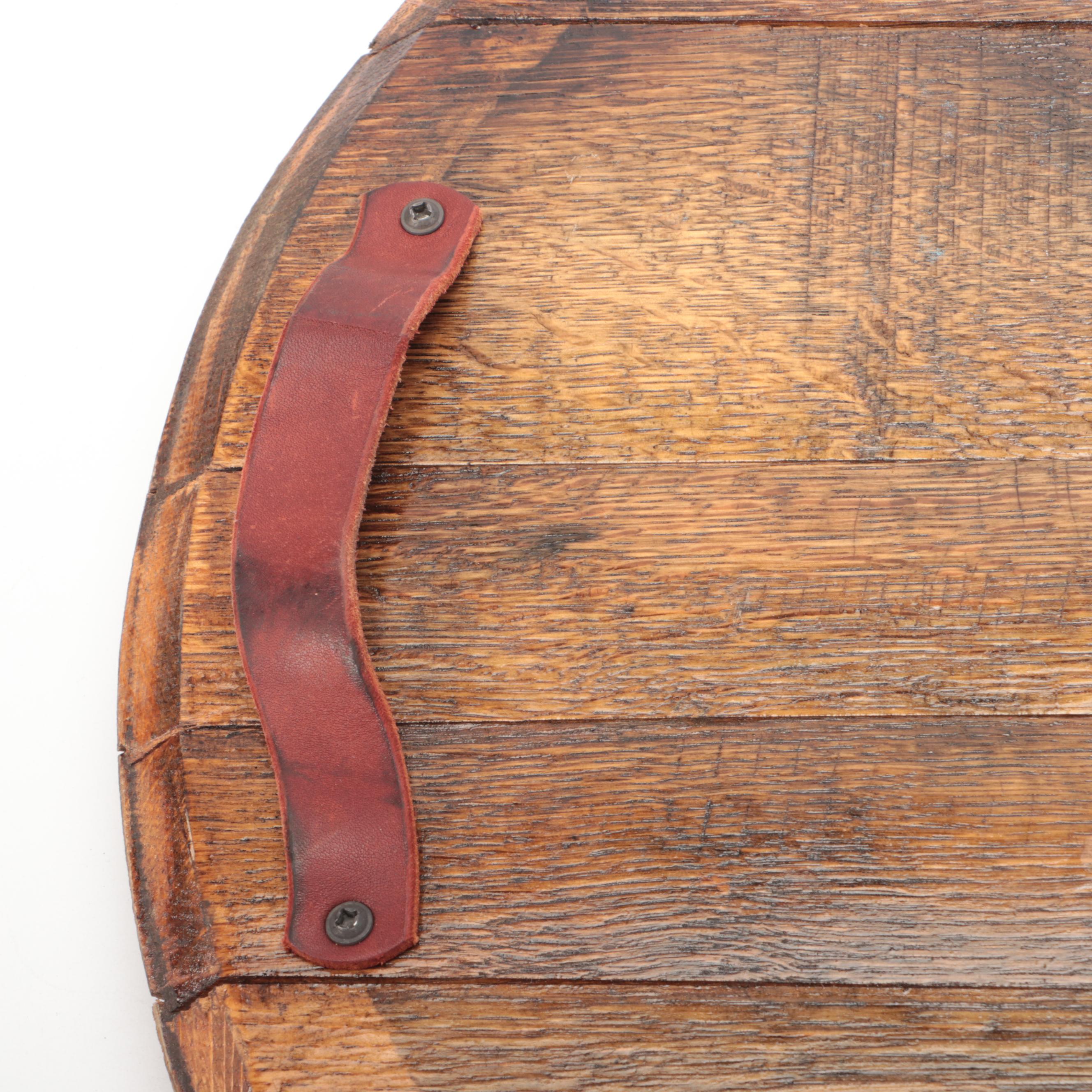 Oak Bourbon Barrel Top Serving Tray with Leather Handles