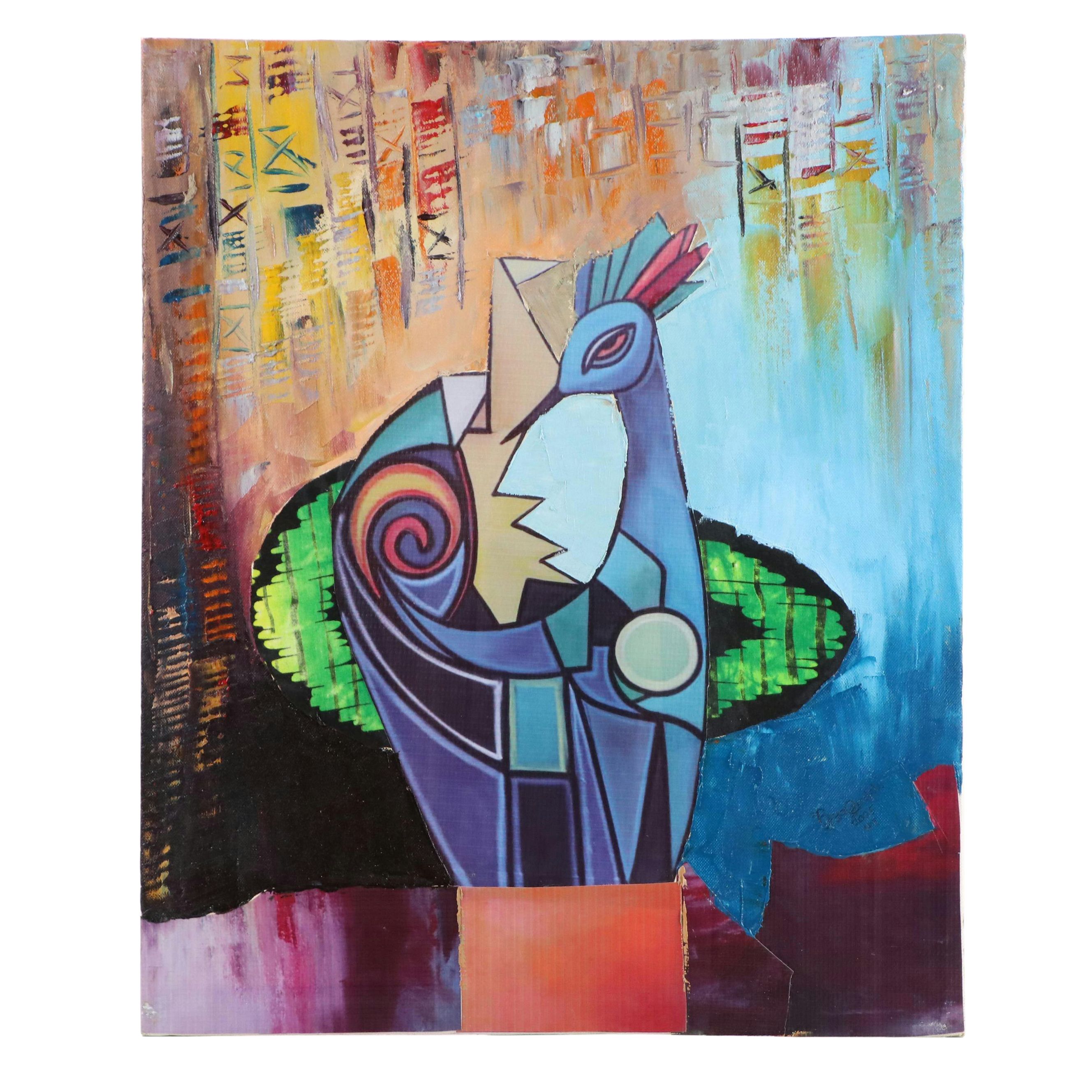 Bayo Ogundele Mixed Media Collage of Peacock, 2025