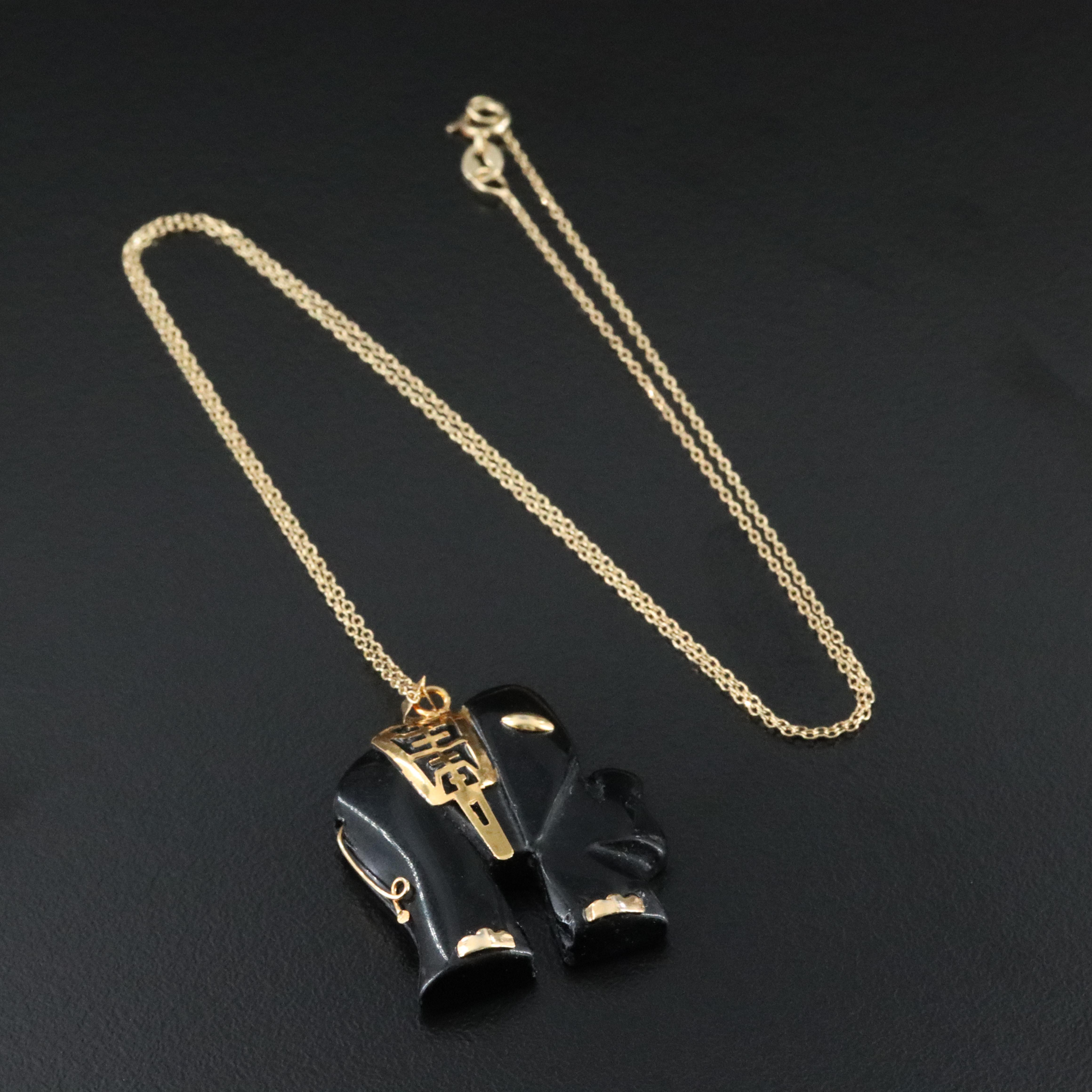 Black Onyx Chinese "Good Fortune" Elephant Pendant with 14K Chain