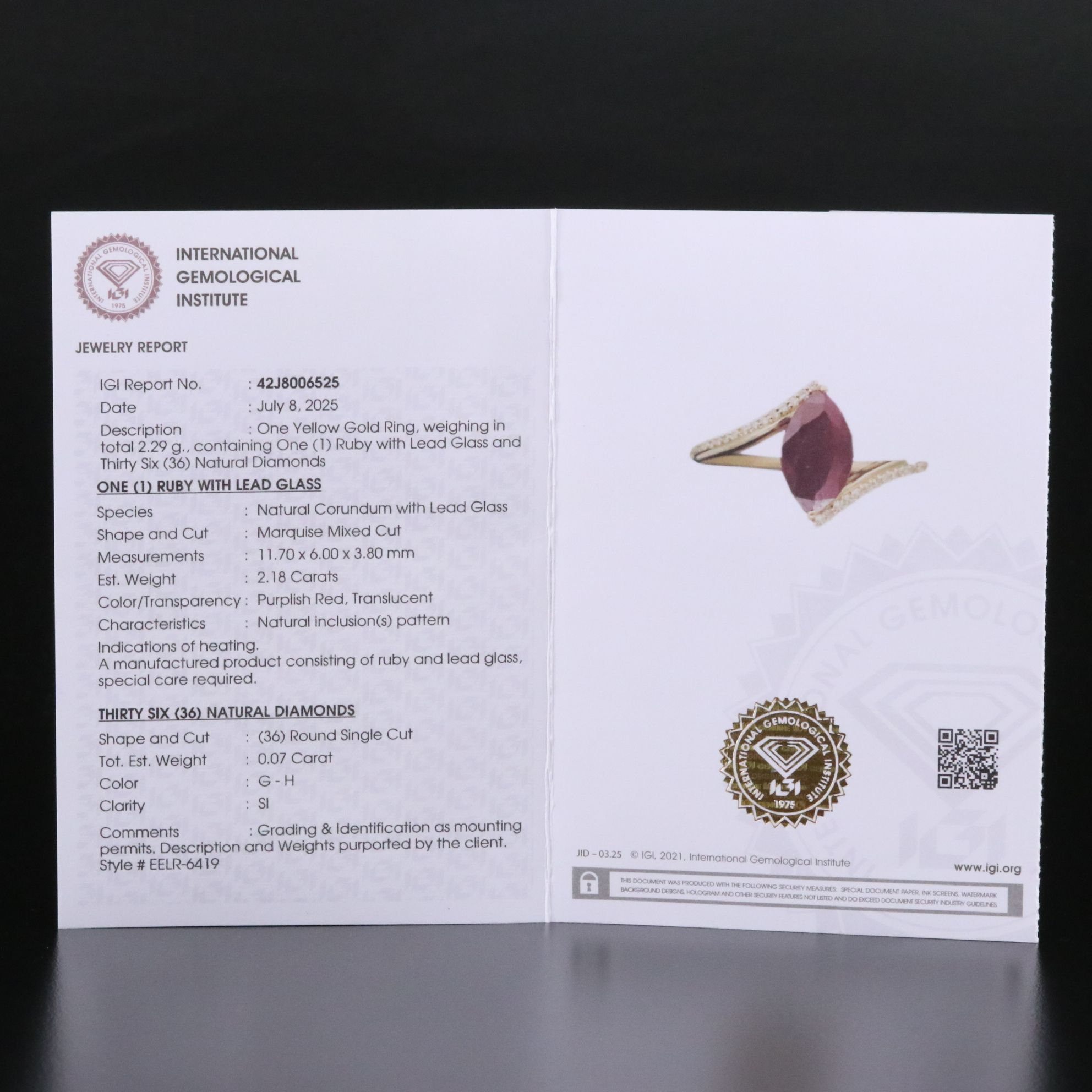 14K 2.18 CT Filled Corundum and Diamond Ring with IGI Jewelry Report