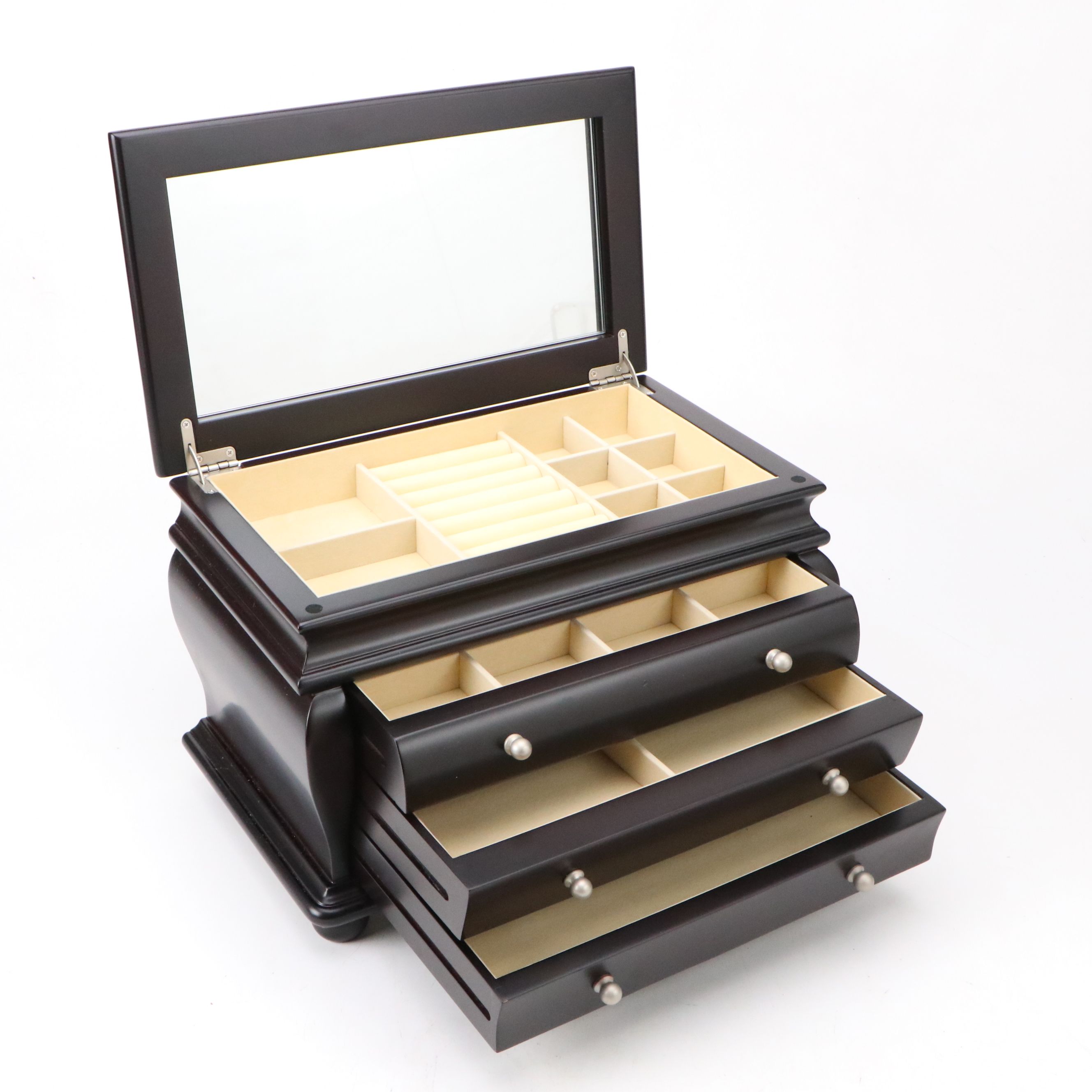 Things Remembered Satin Black Finish Bombé Wood Jewelry Chest