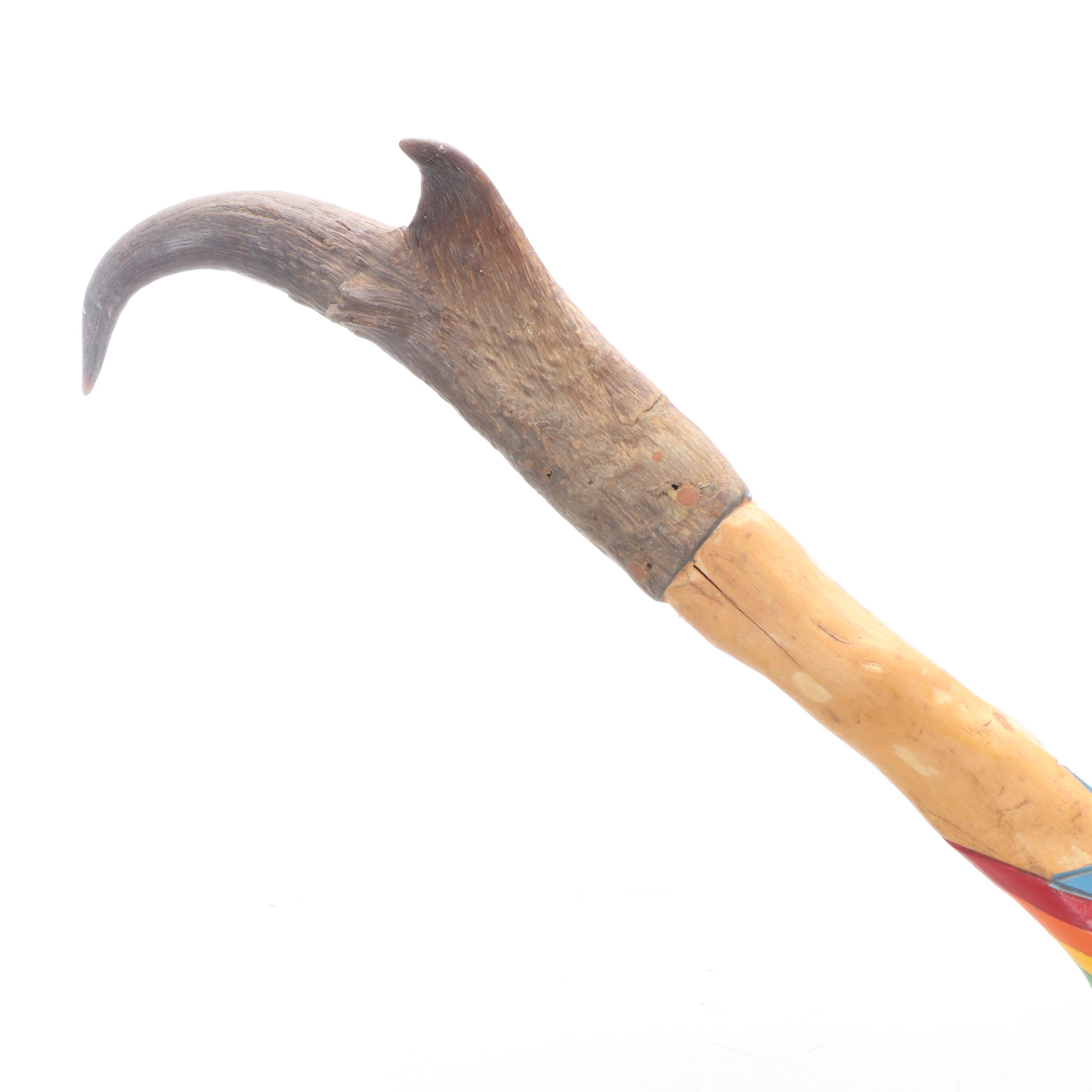 Robert Beaven Folk Art Style Horn Finial Rainbow Band Carved Wood Walking Stick