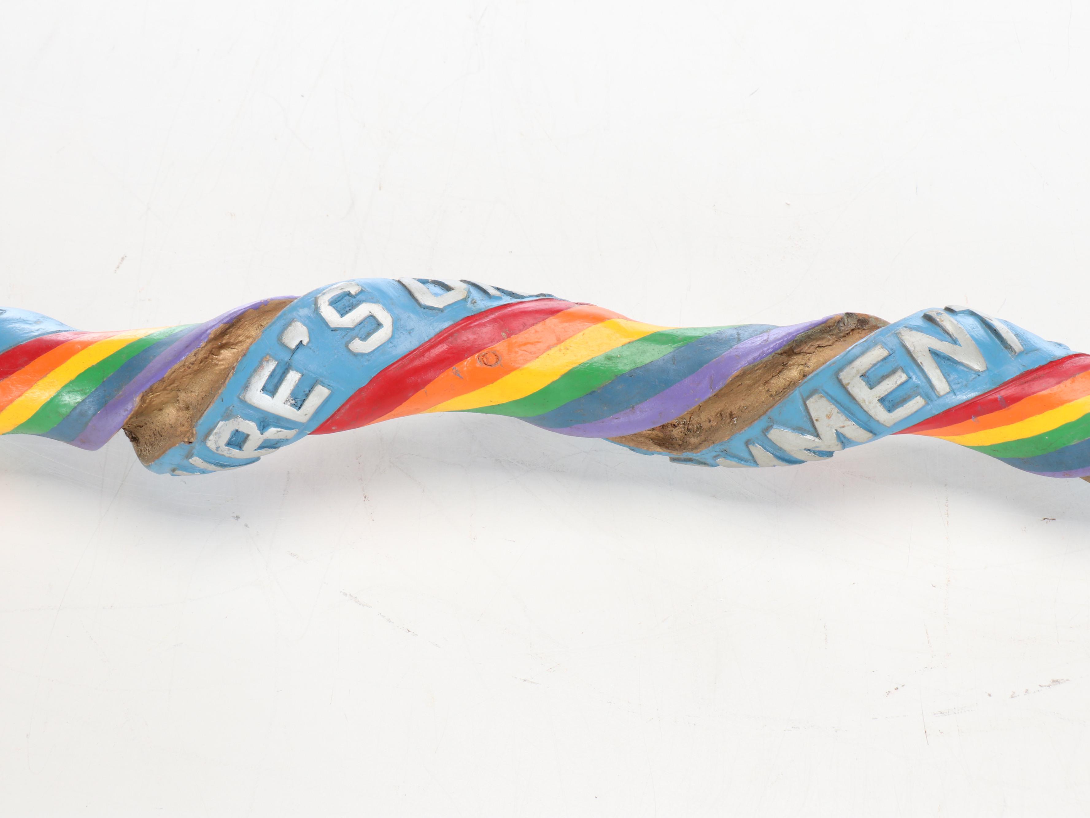 Robert Beaven Folk Art Style Horn Finial Rainbow Band Carved Wood Walking Stick