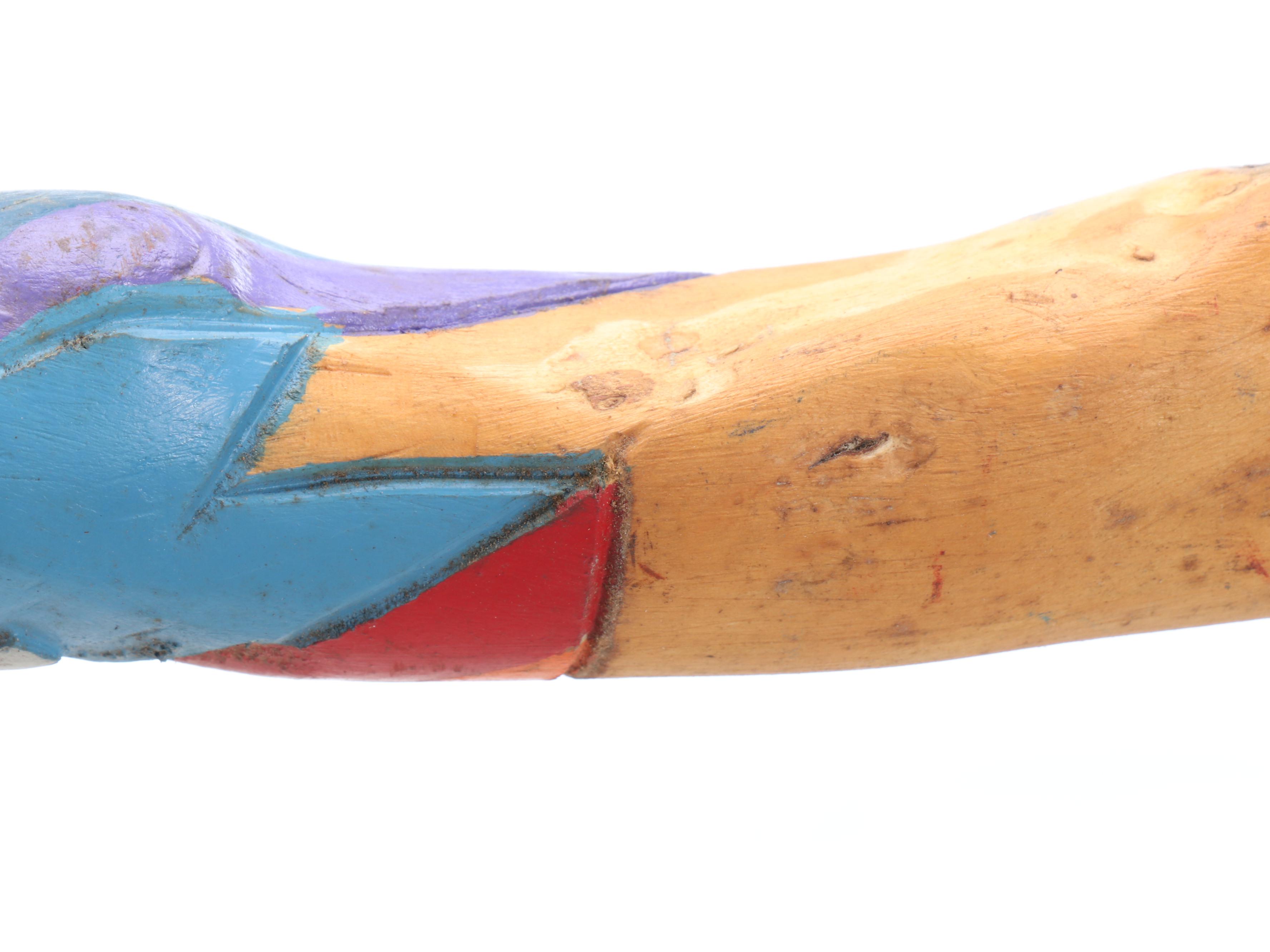 Robert Beaven Folk Art Style Horn Finial Rainbow Band Carved Wood Walking Stick
