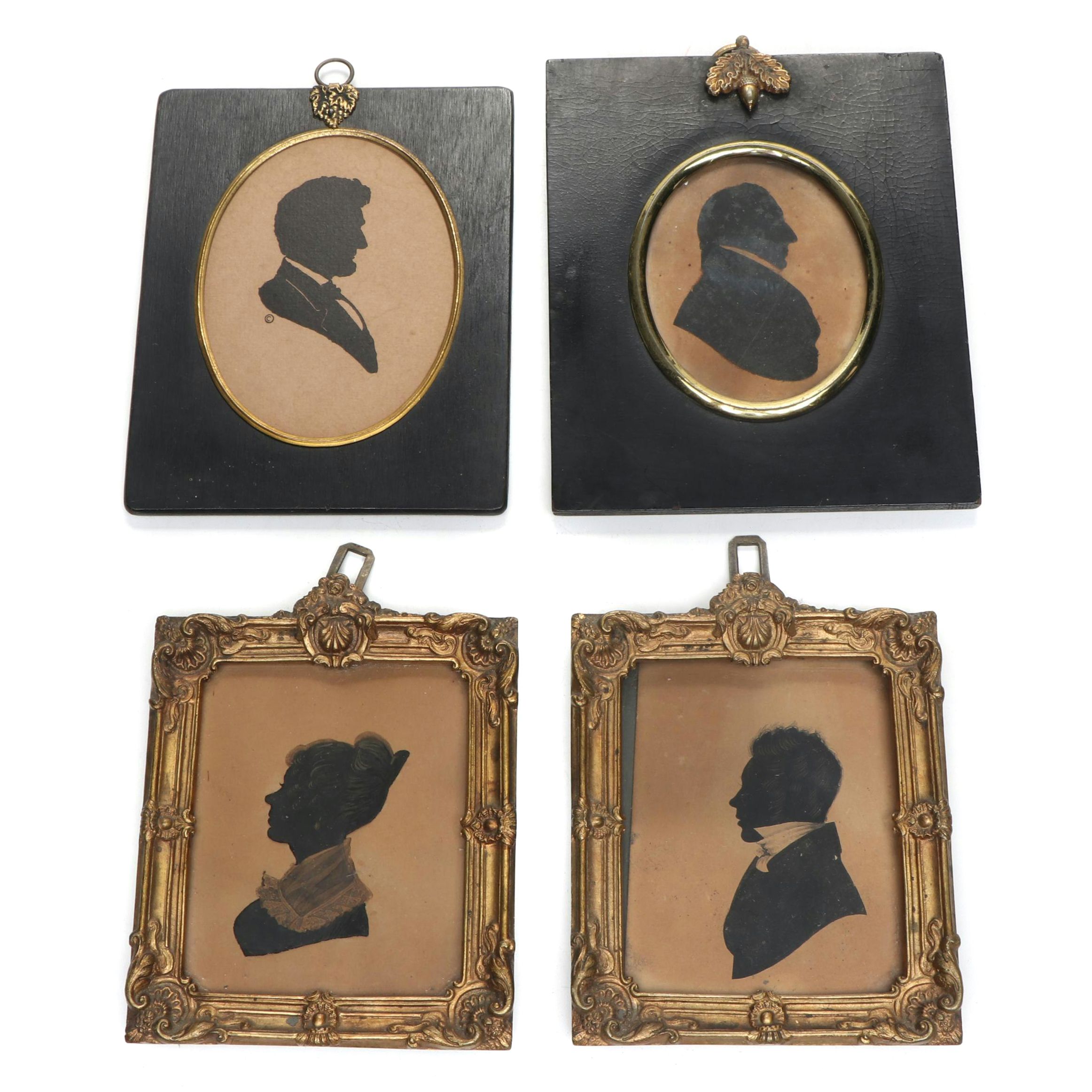 Two Mid 19th Century Hand Painted Silhouette Portraits in Gilt Victorian Frames