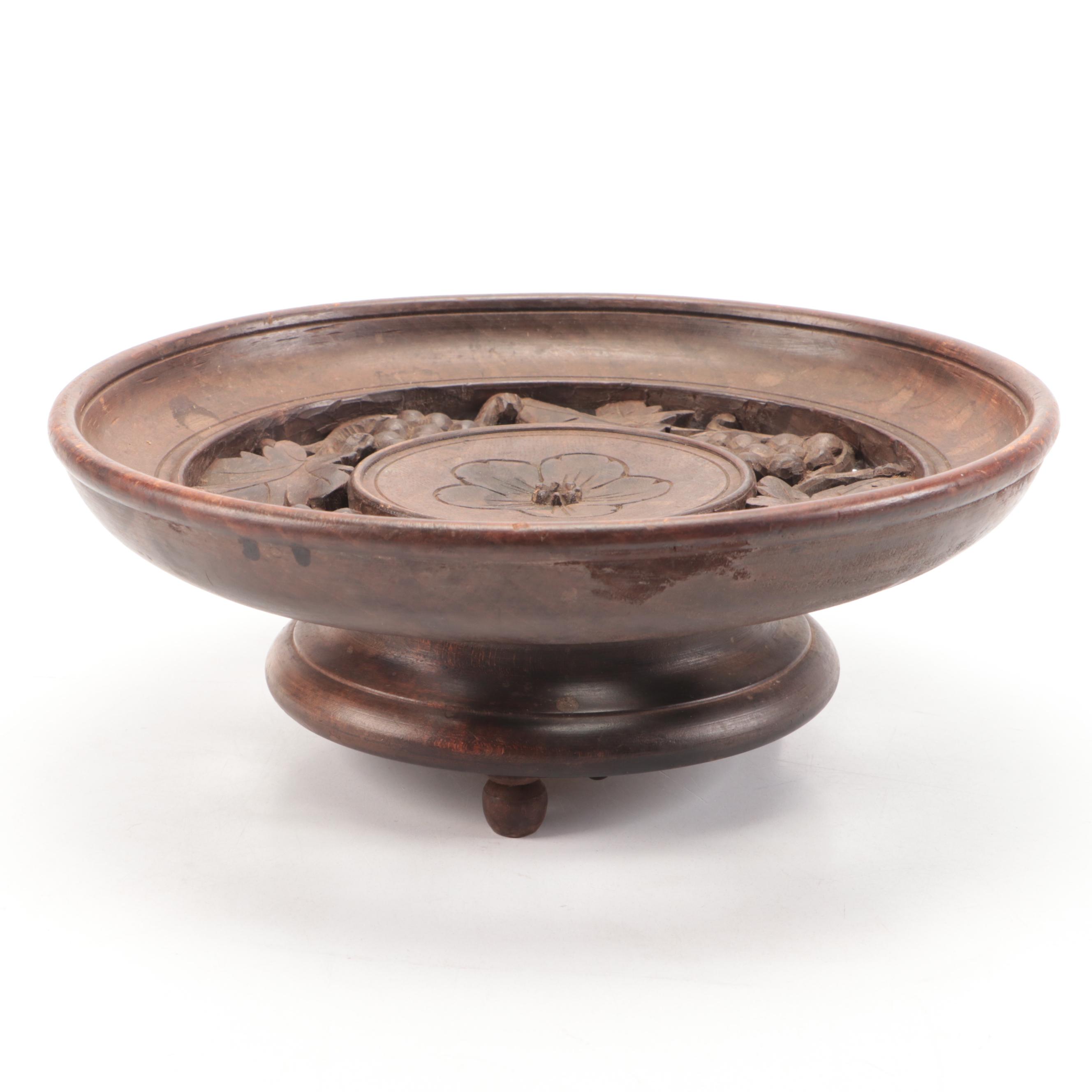 German Black Forest Carved Wood Serving Plate with Hidden Music Box