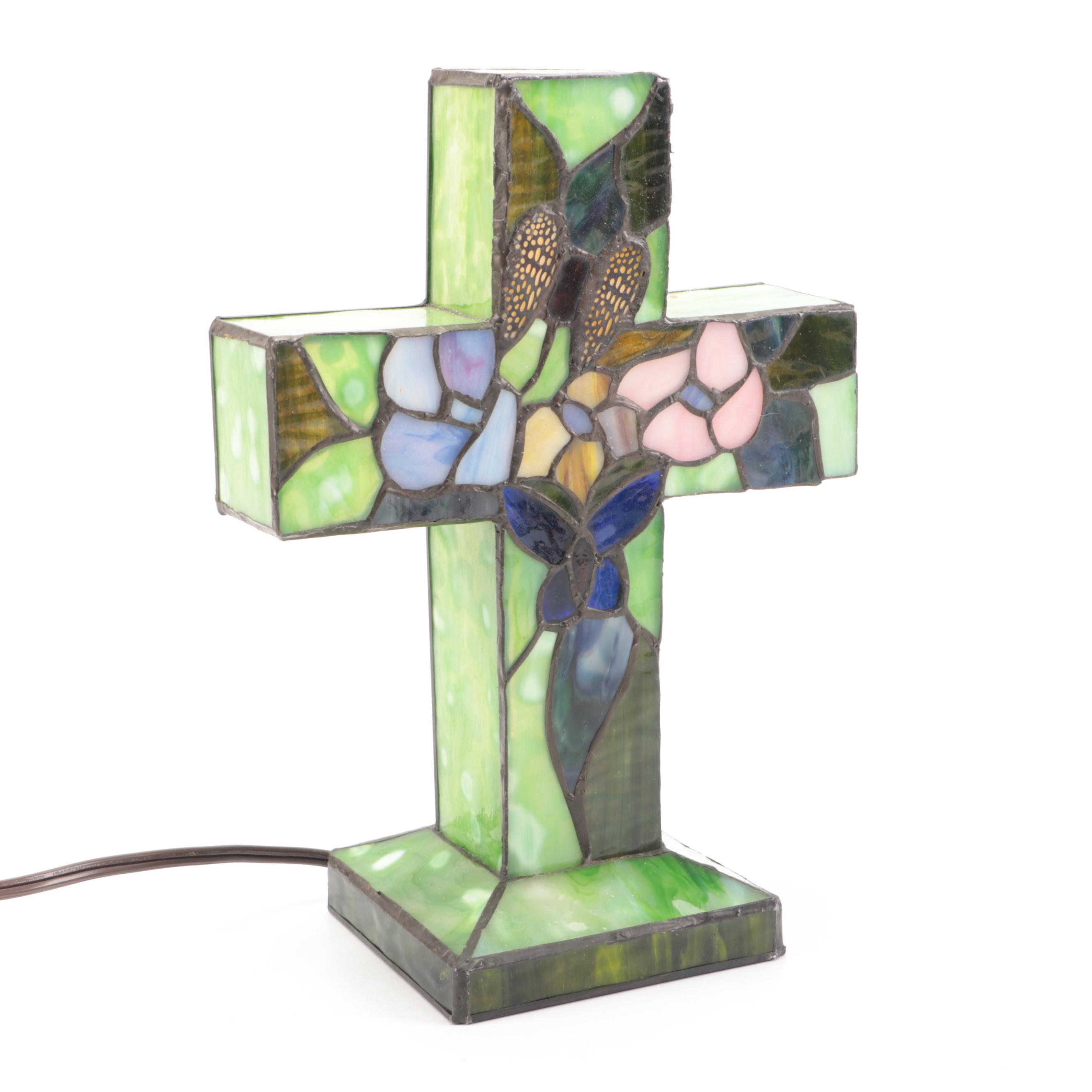 Slag Glass Flowers and Butterflies Cross Shaped Accent Lamp
