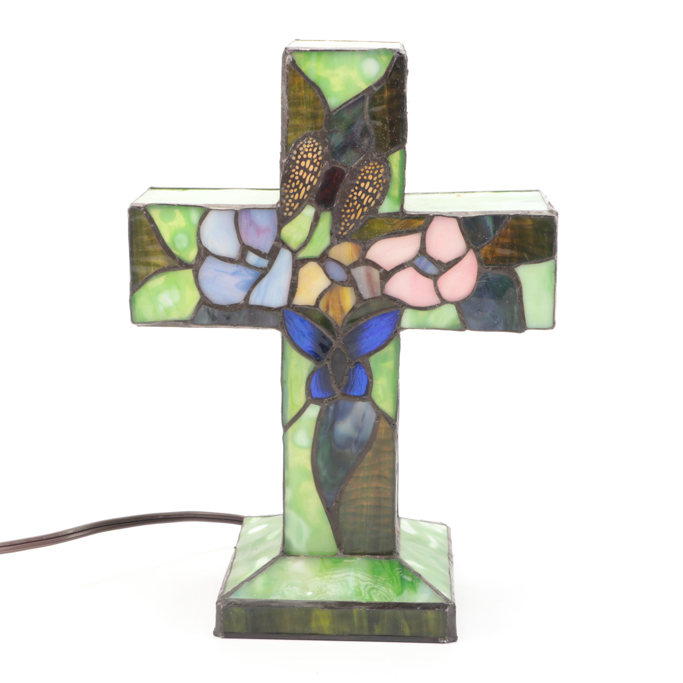 Slag Glass Flowers and Butterflies Cross Shaped Accent Lamp