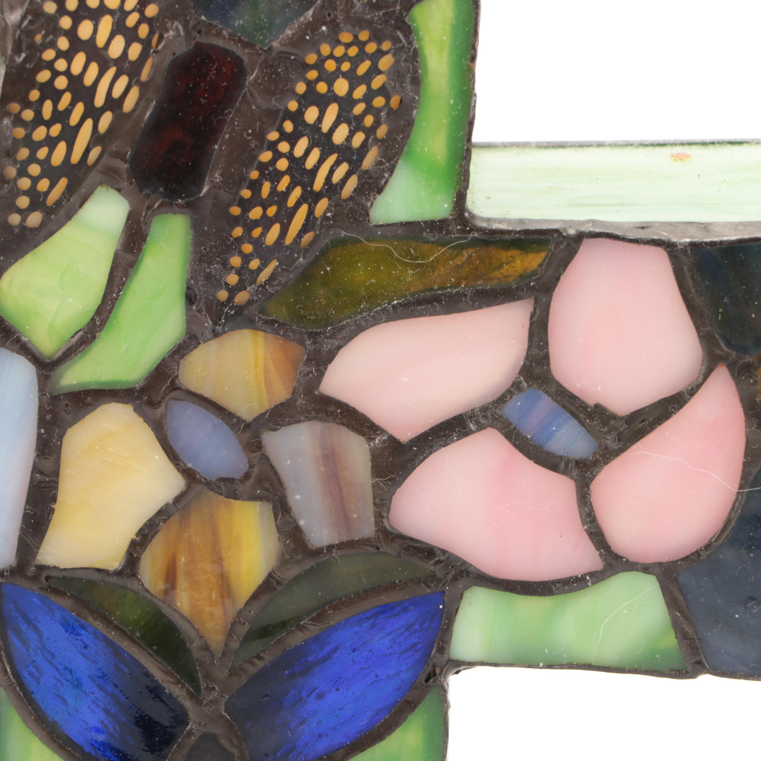 Slag Glass Flowers and Butterflies Cross Shaped Accent Lamp