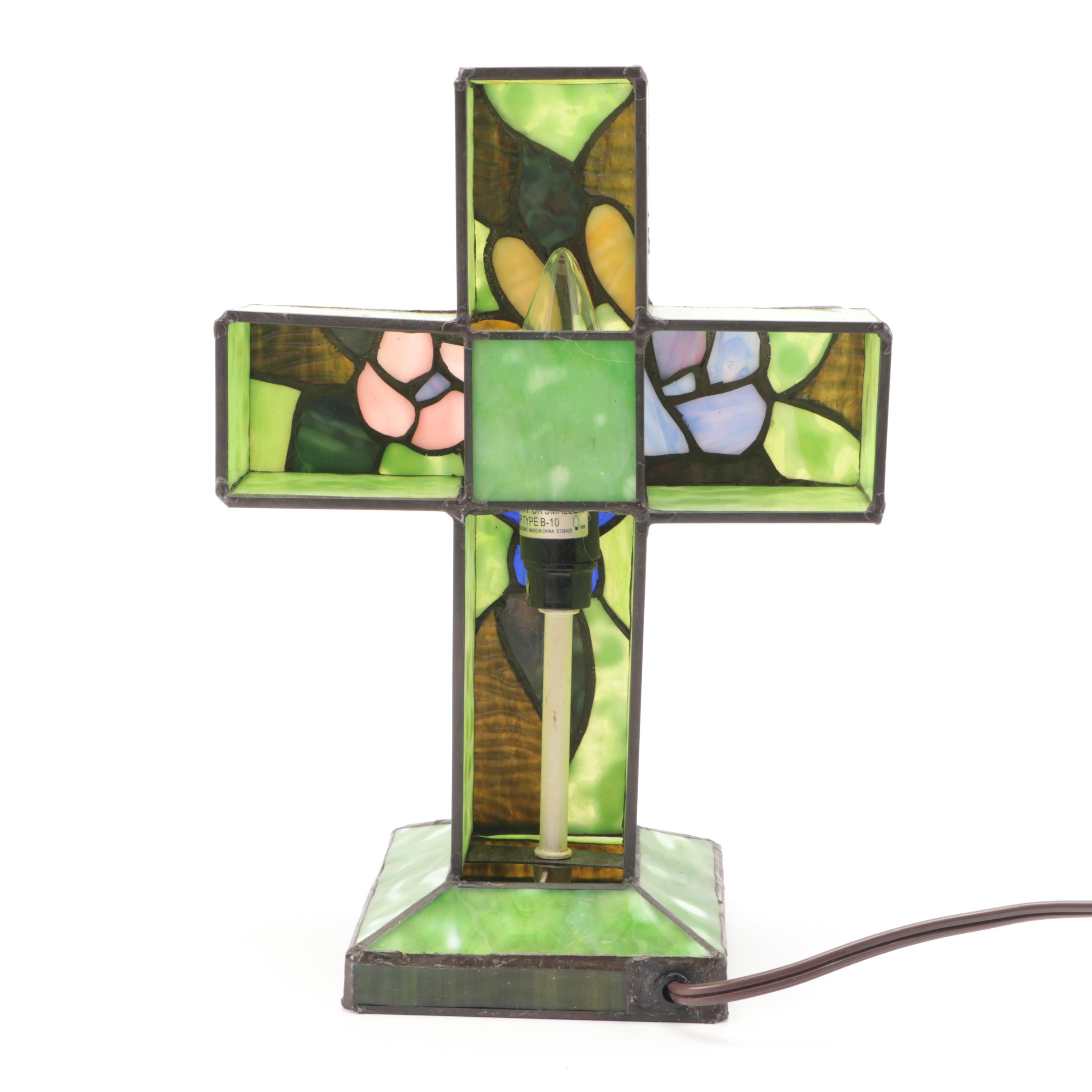 Slag Glass Flowers and Butterflies Cross Shaped Accent Lamp