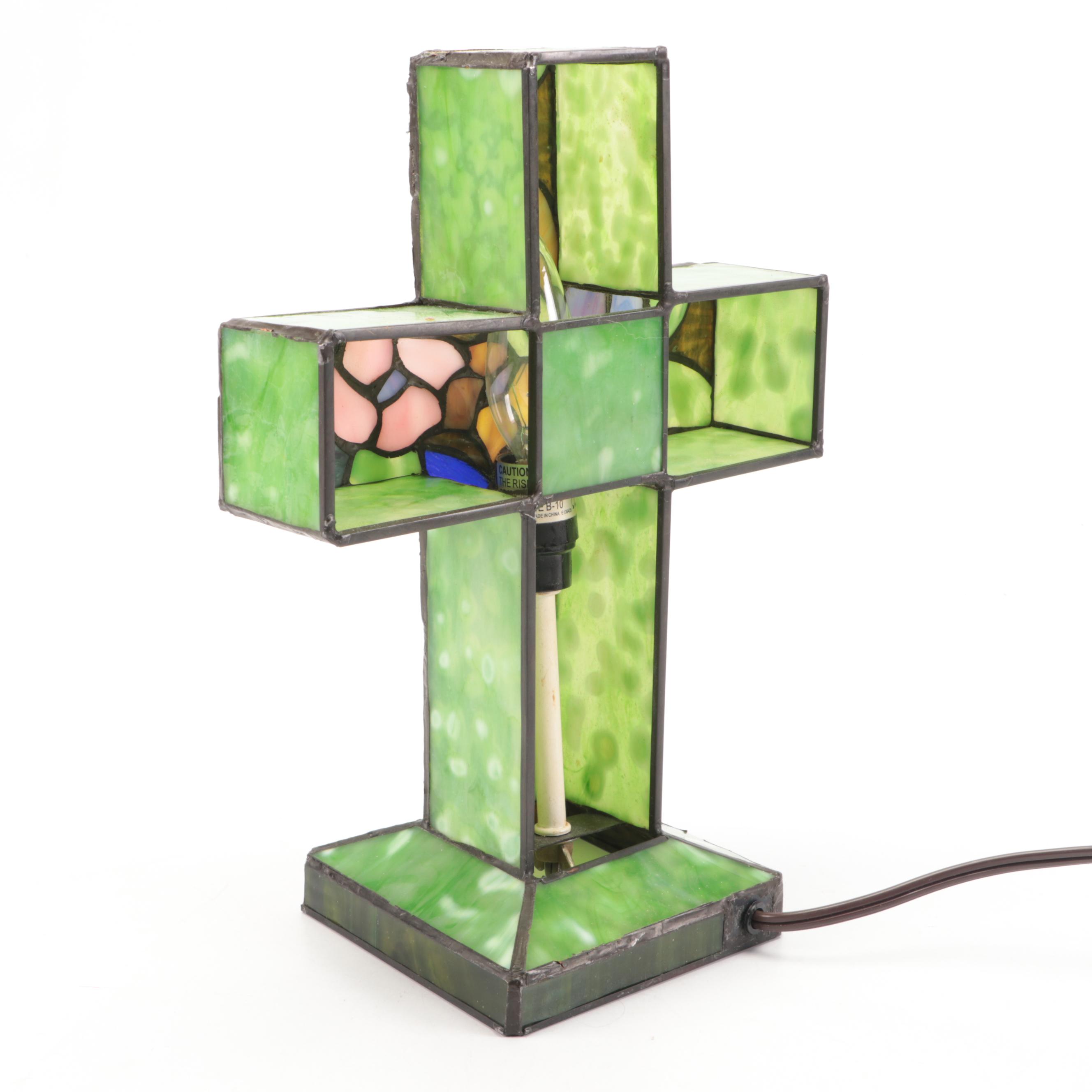 Slag Glass Flowers and Butterflies Cross Shaped Accent Lamp