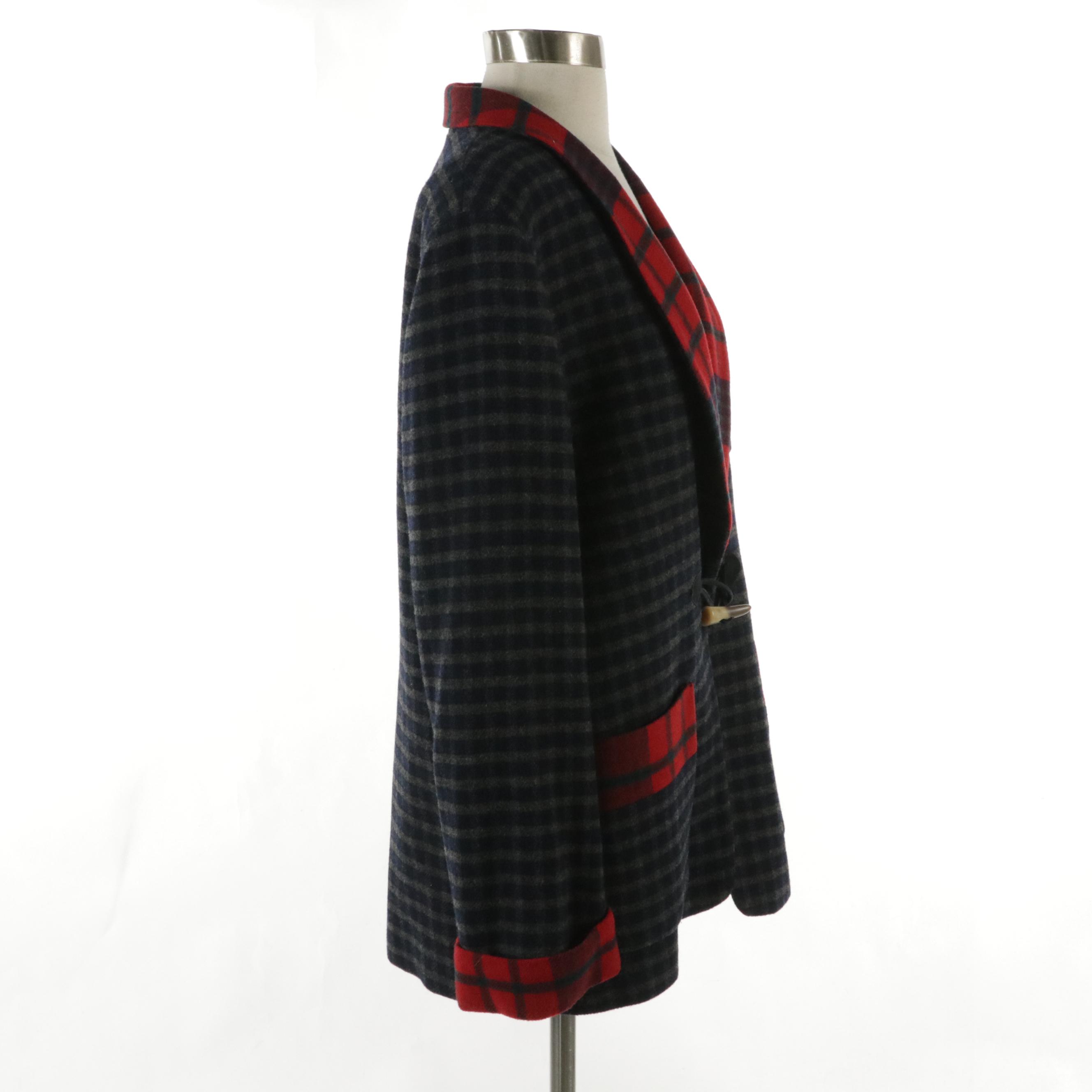 Lauren Ralph Lauren Plaid Lambswool Toggle Front Shawl Collar Coat