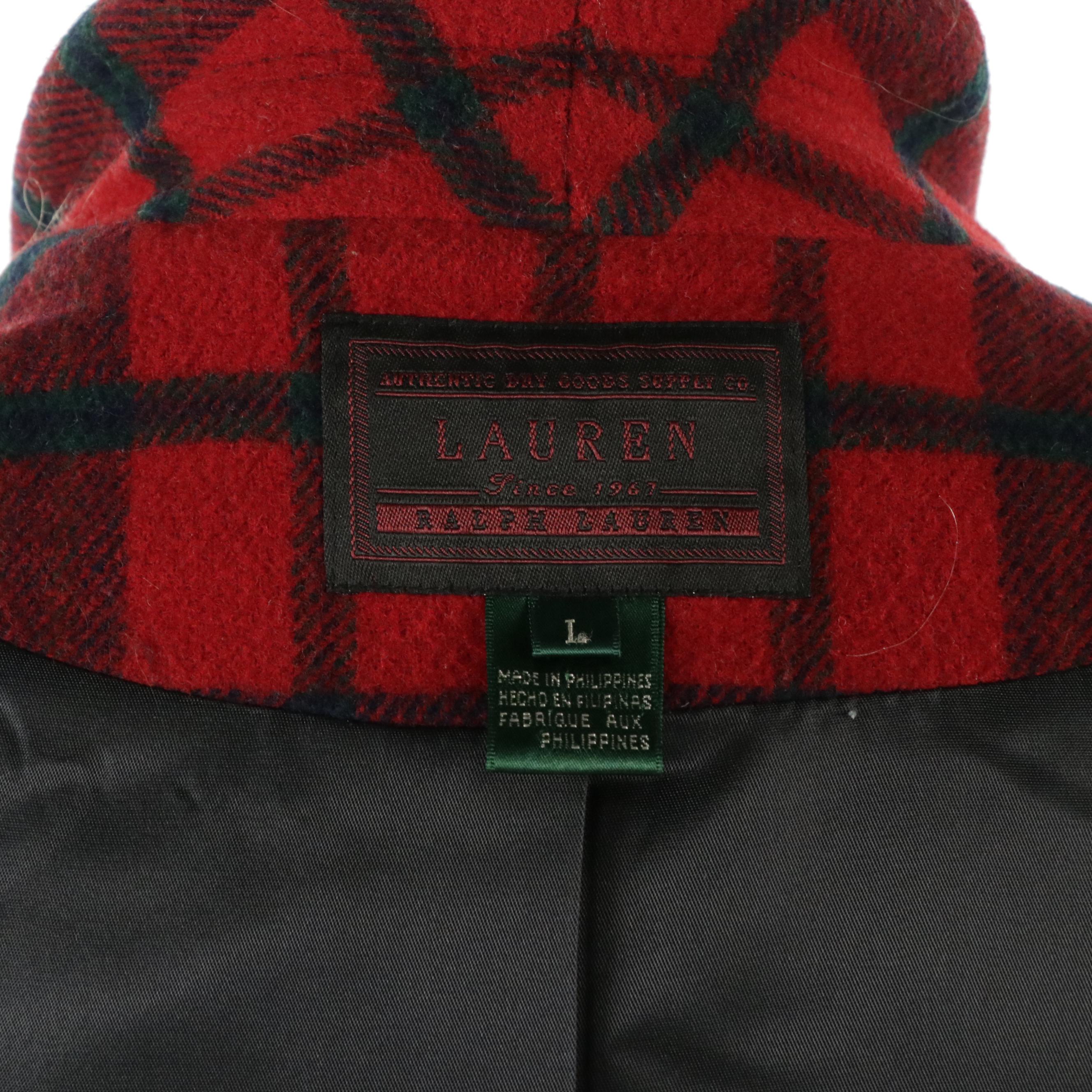 Lauren Ralph Lauren Plaid Lambswool Toggle Front Shawl Collar Coat