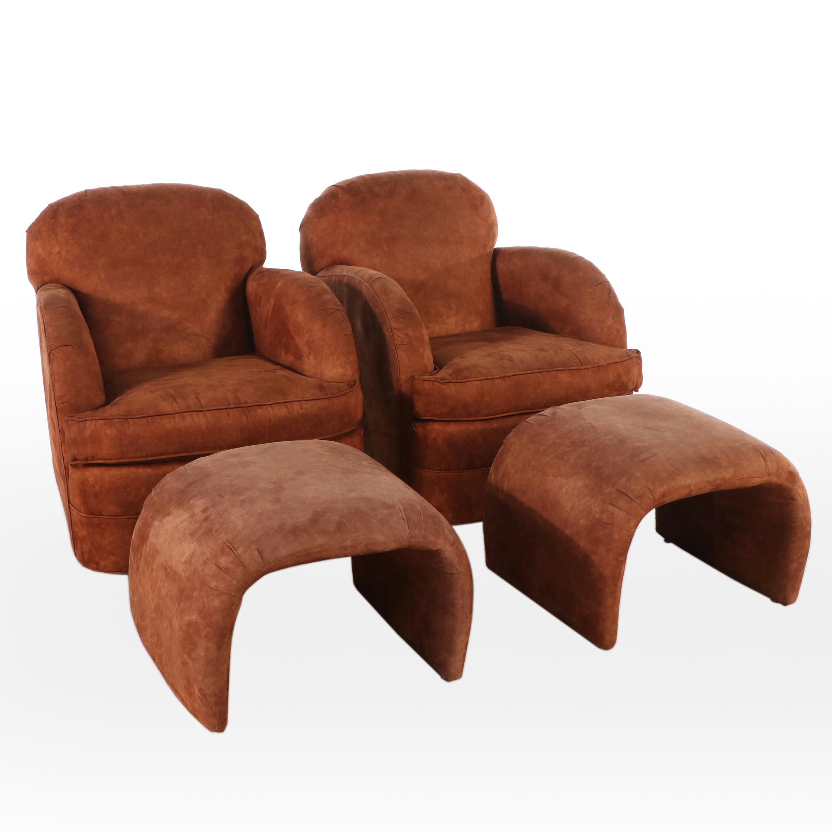 Pair of Art Deco Style Swivel Club Chairs and Waterfall Ottomans