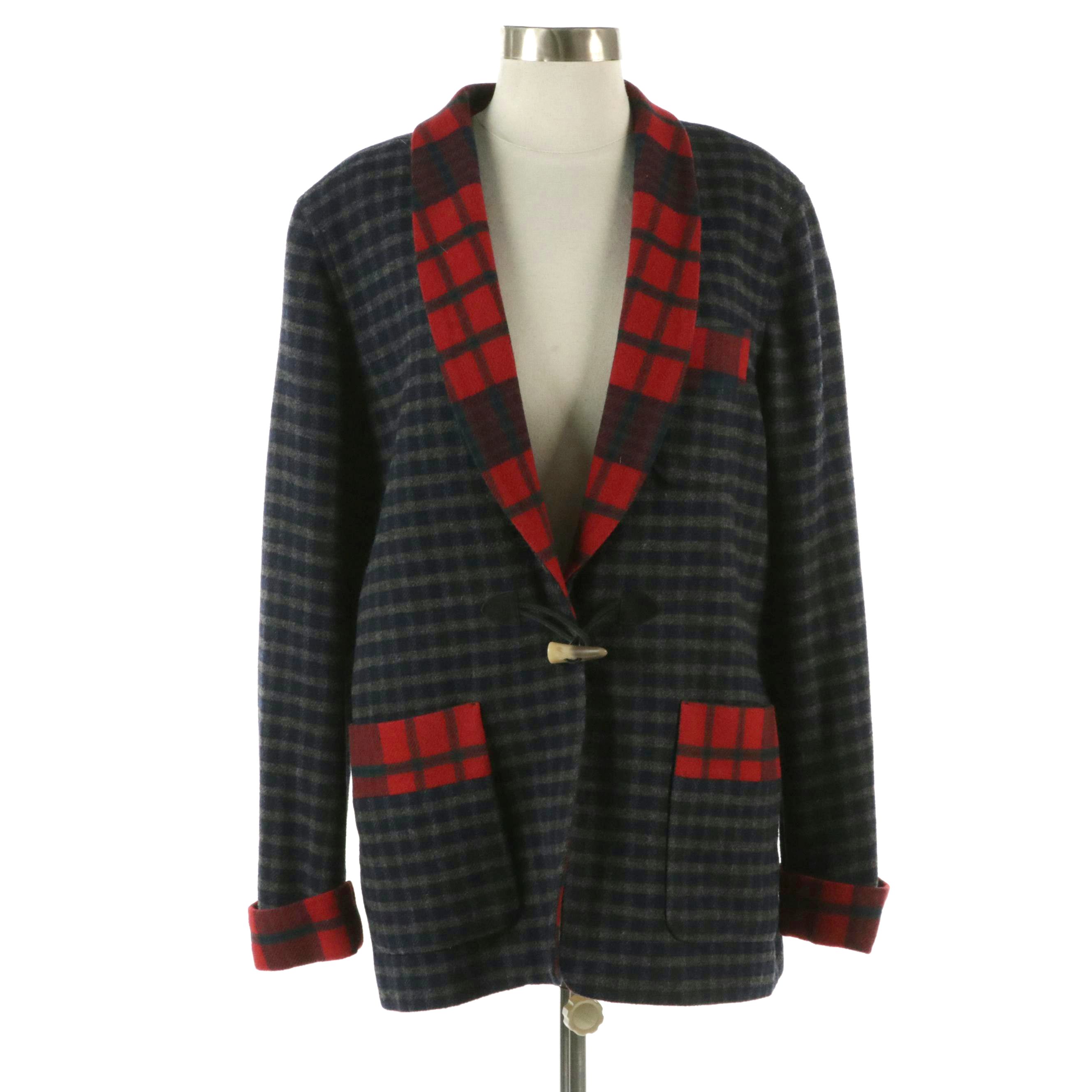 Lauren Ralph Lauren Plaid Lambswool Toggle Front Shawl Collar Coat