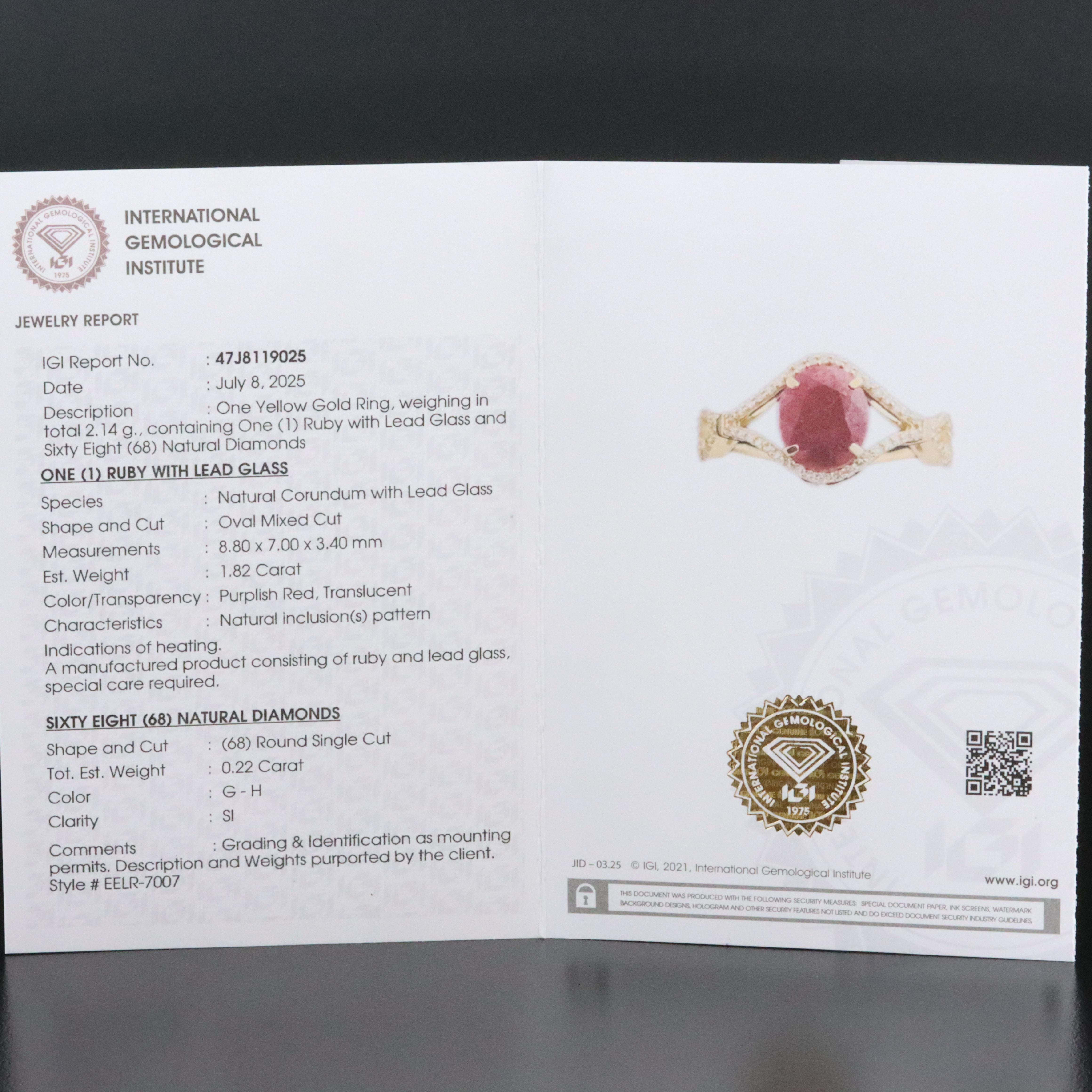 14K 1.82 CT Filled Corundum and Diamond Ring with IGI Jewelry Report