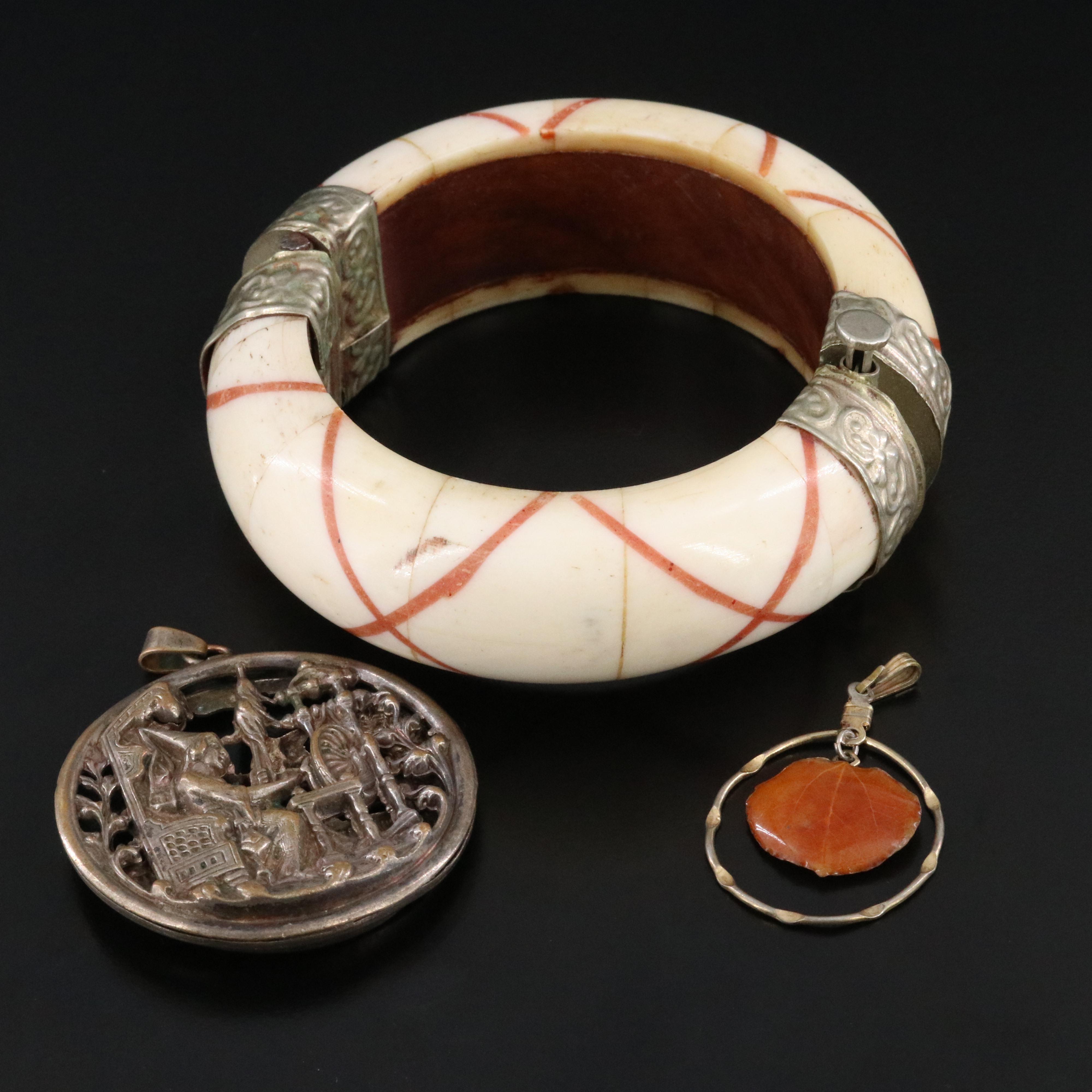 Bone Bracelet, Leaf Pendant and Medieval Themed Pendant