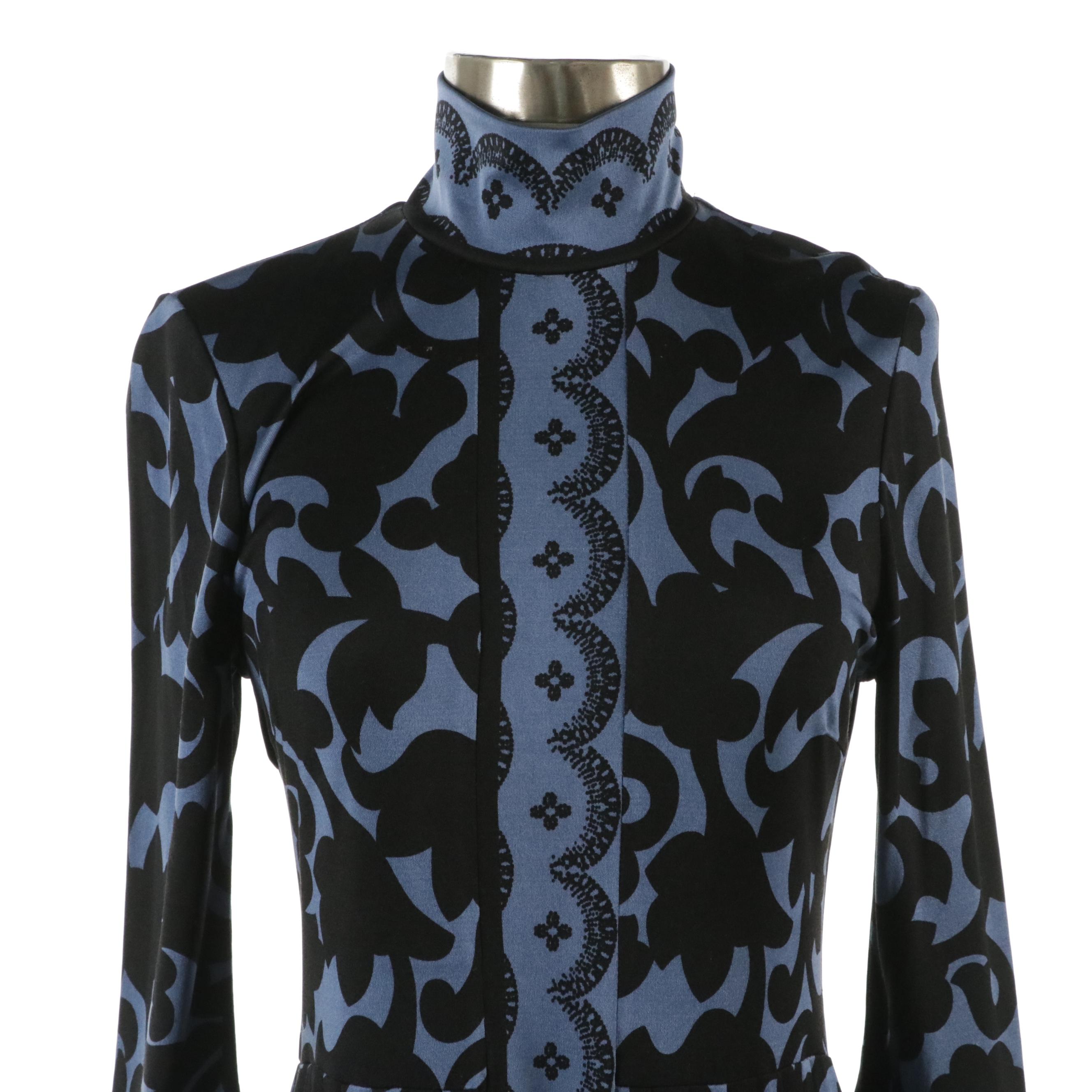 Tracy Reese Silk Blue and Black Printed & Komarov Blue 3/4th Sleeve Midi Dresses