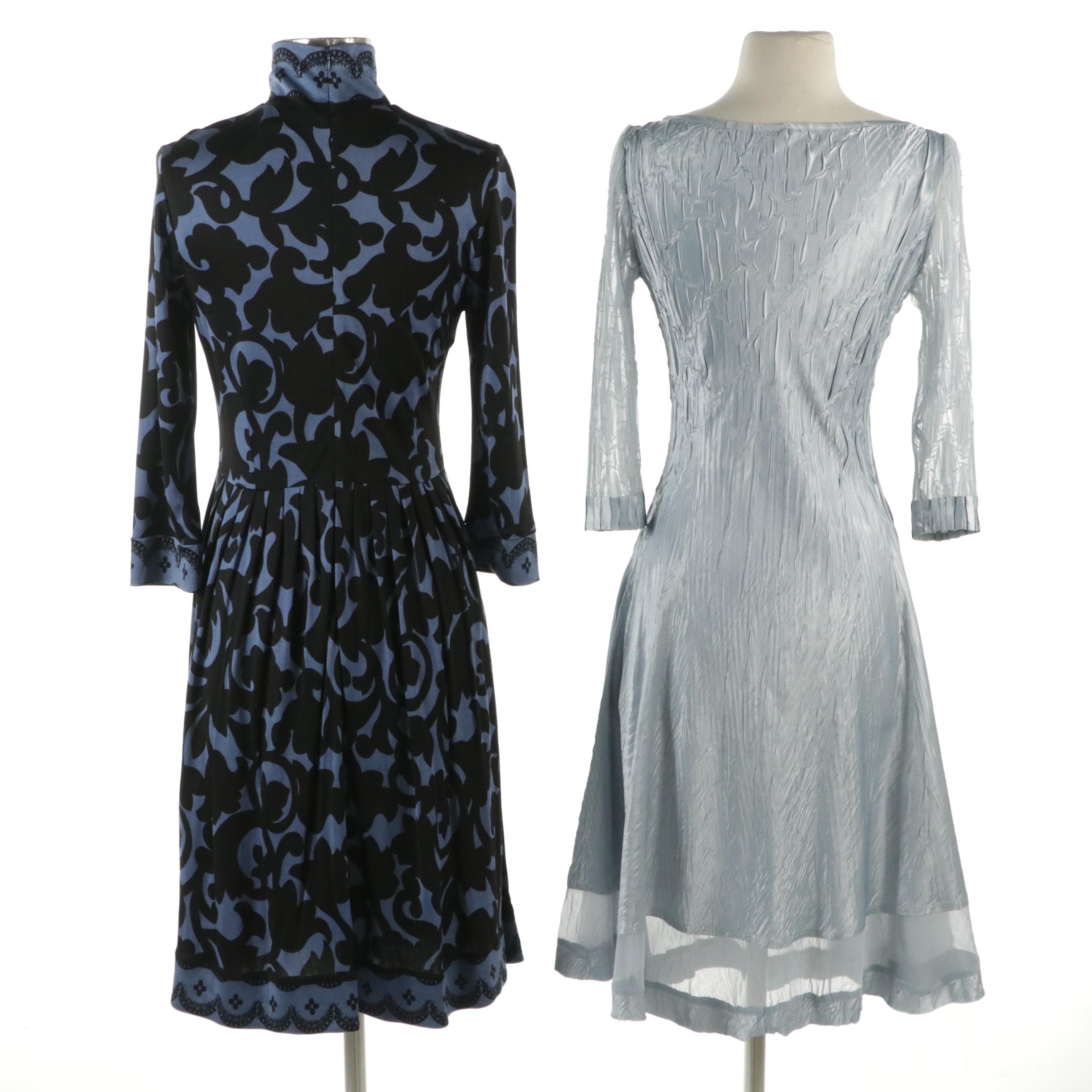 Tracy Reese Silk Blue and Black Printed & Komarov Blue 3/4th Sleeve Midi Dresses