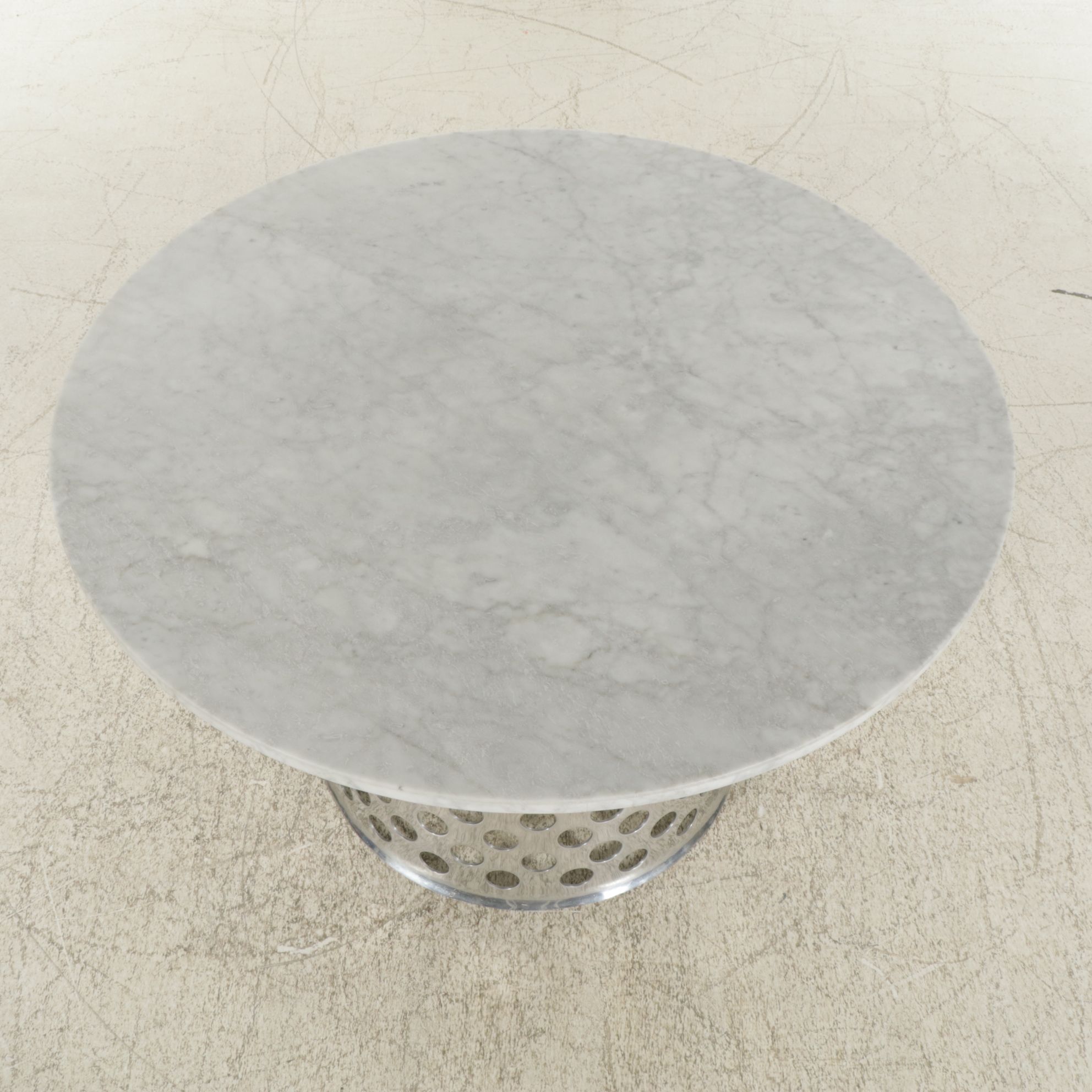 Crate & Barrel Round Marble Top Dining Table with Brushed Aluminum Base