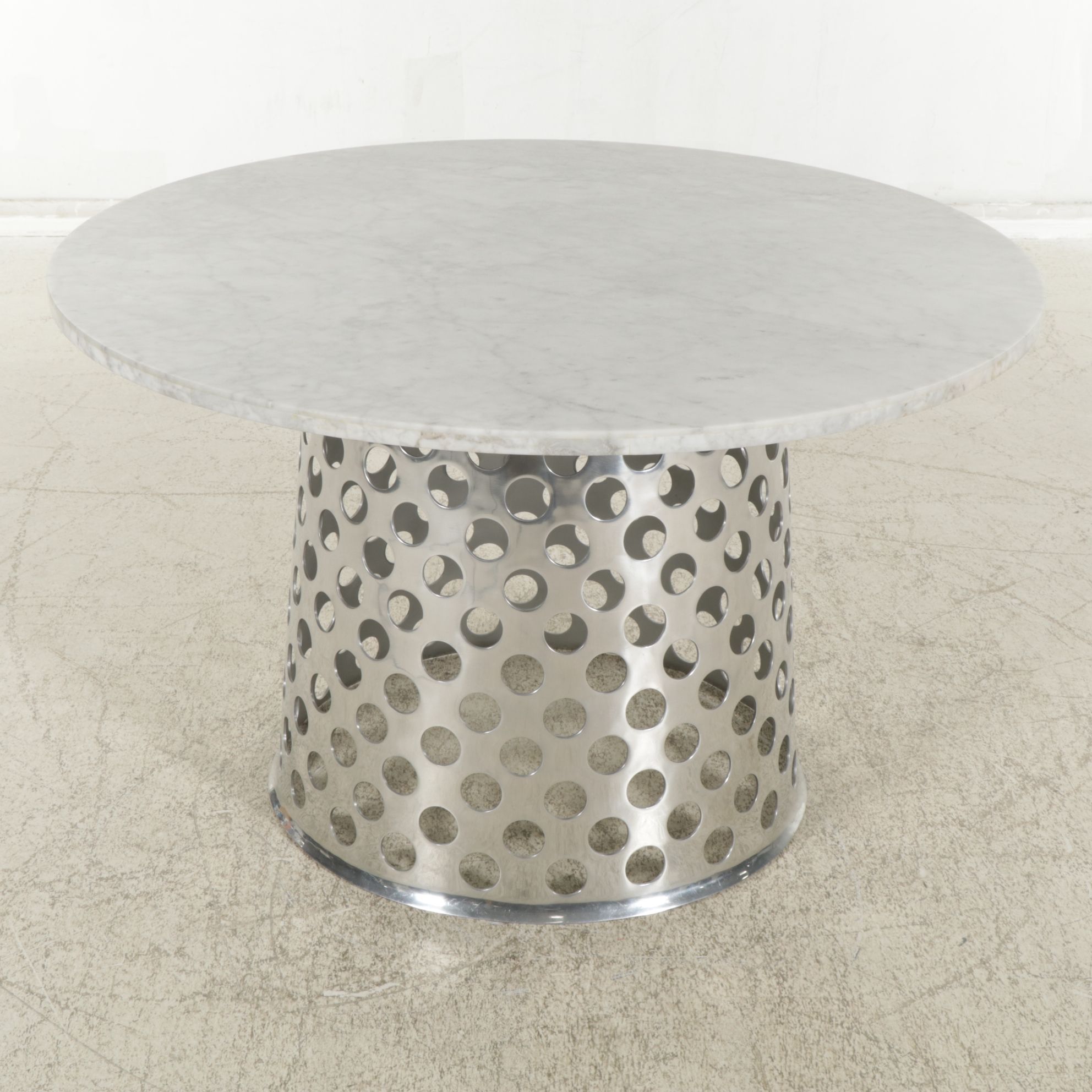 Crate & Barrel Round Marble Top Dining Table with Brushed Aluminum Base