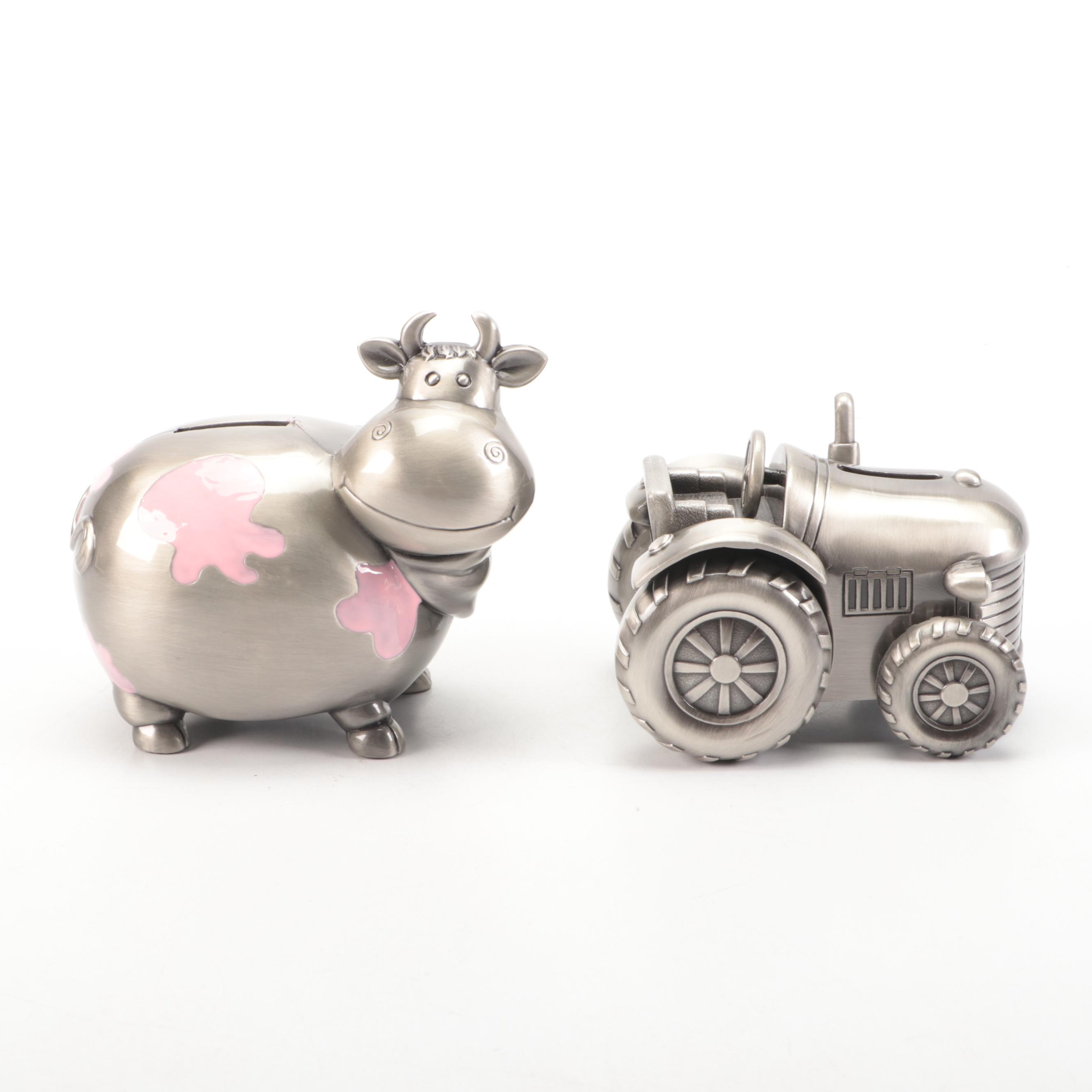 Tractor and Cow Brushed Metal Banks