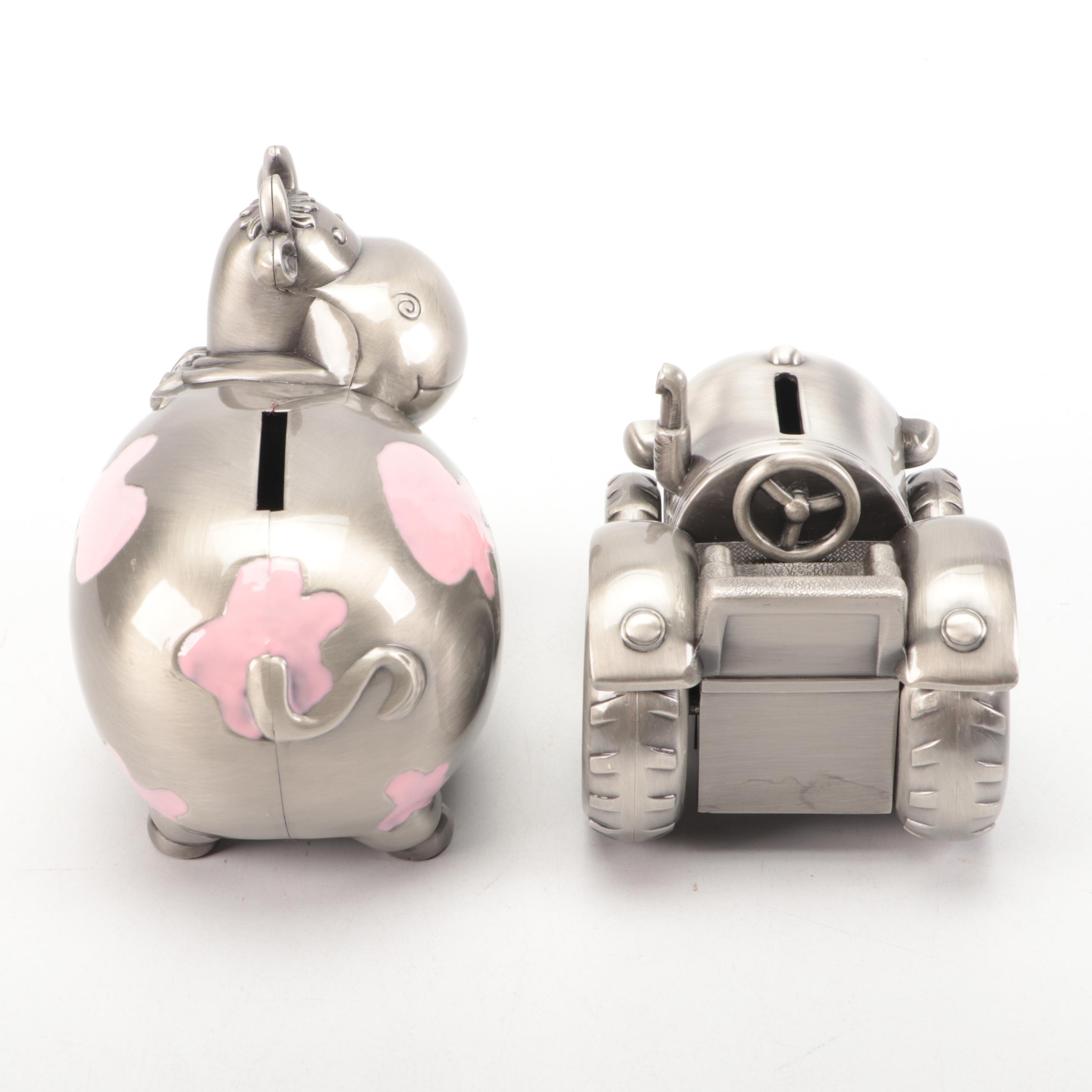 Tractor and Cow Brushed Metal Banks