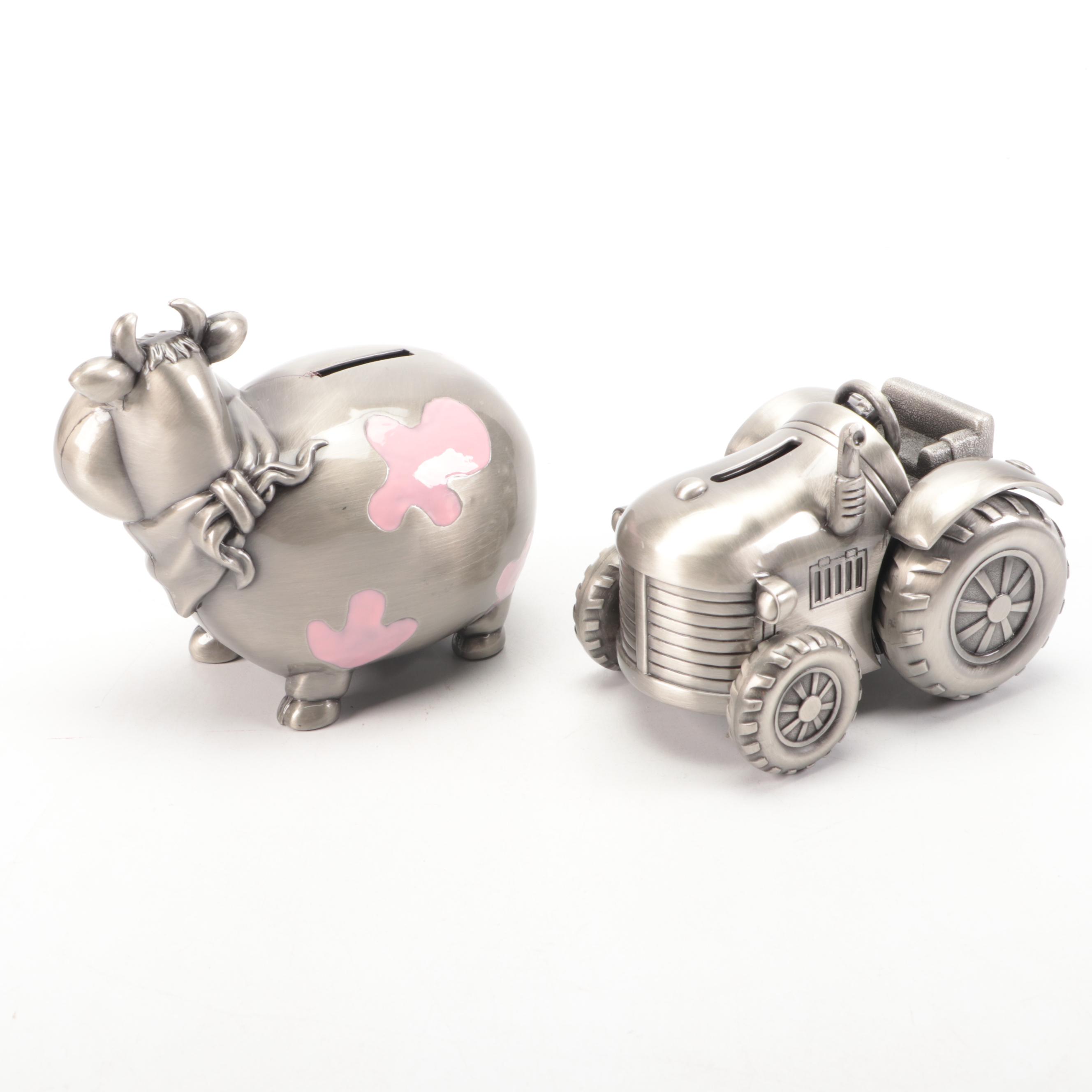 Tractor and Cow Brushed Metal Banks
