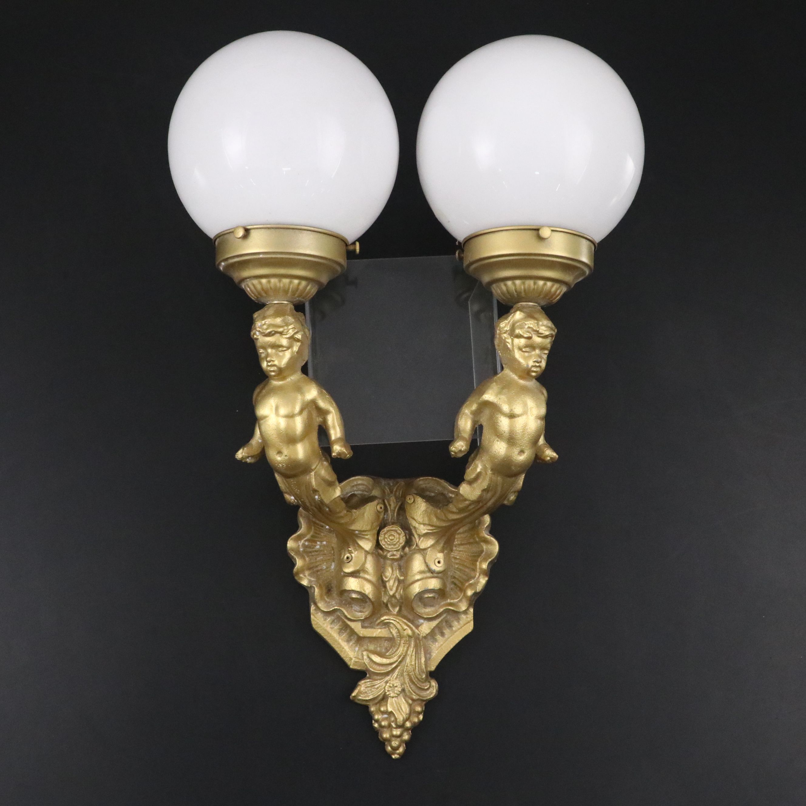 Rococo Revival Style Two-Arm Cherub Wall Sconce with White Glass Globe Shades