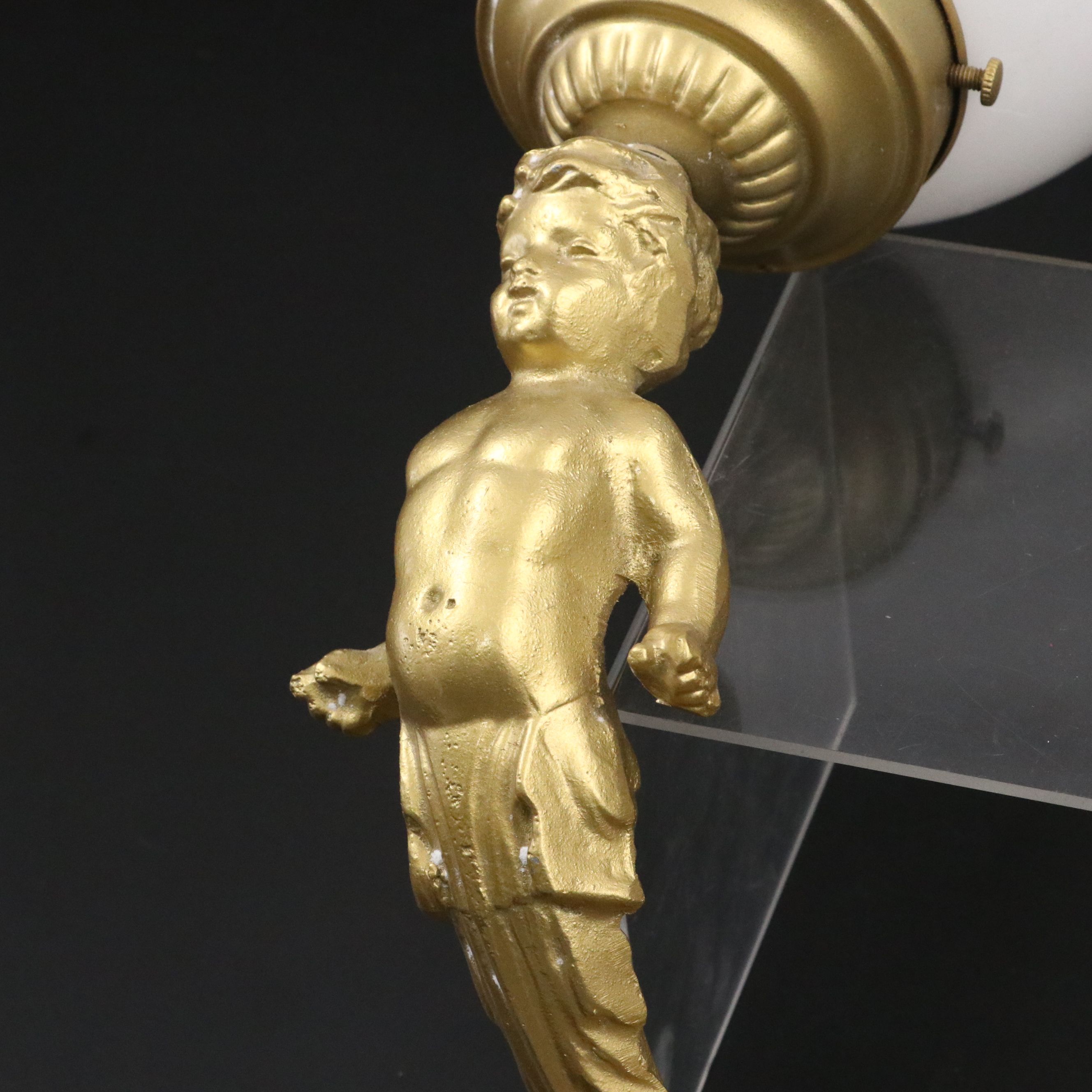 Rococo Revival Style Two-Arm Cherub Wall Sconce with White Glass Globe Shades