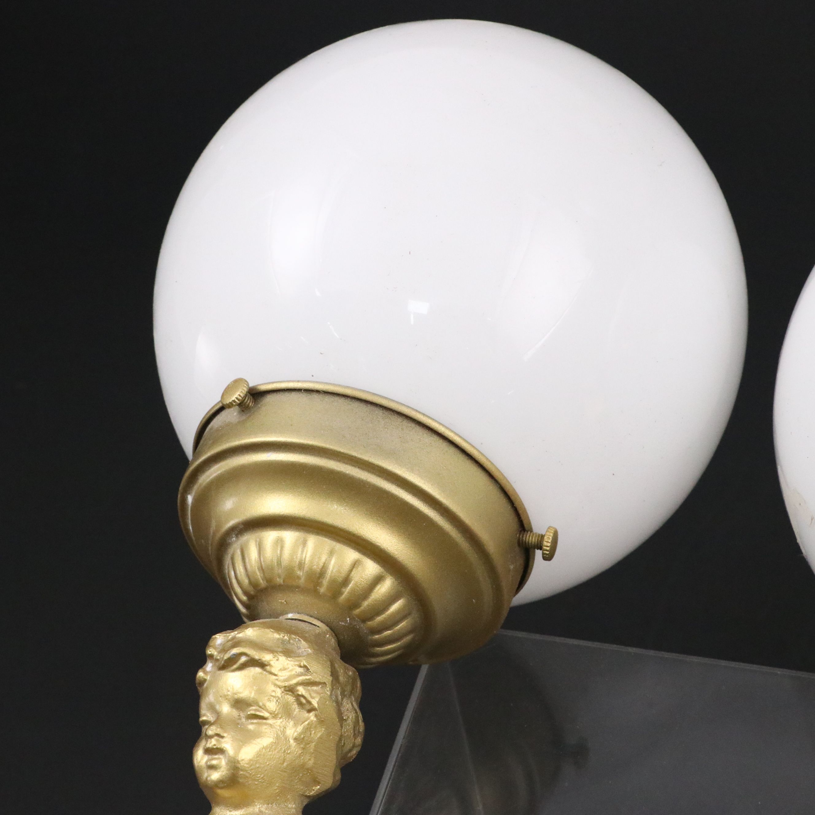 Rococo Revival Style Two-Arm Cherub Wall Sconce with White Glass Globe Shades