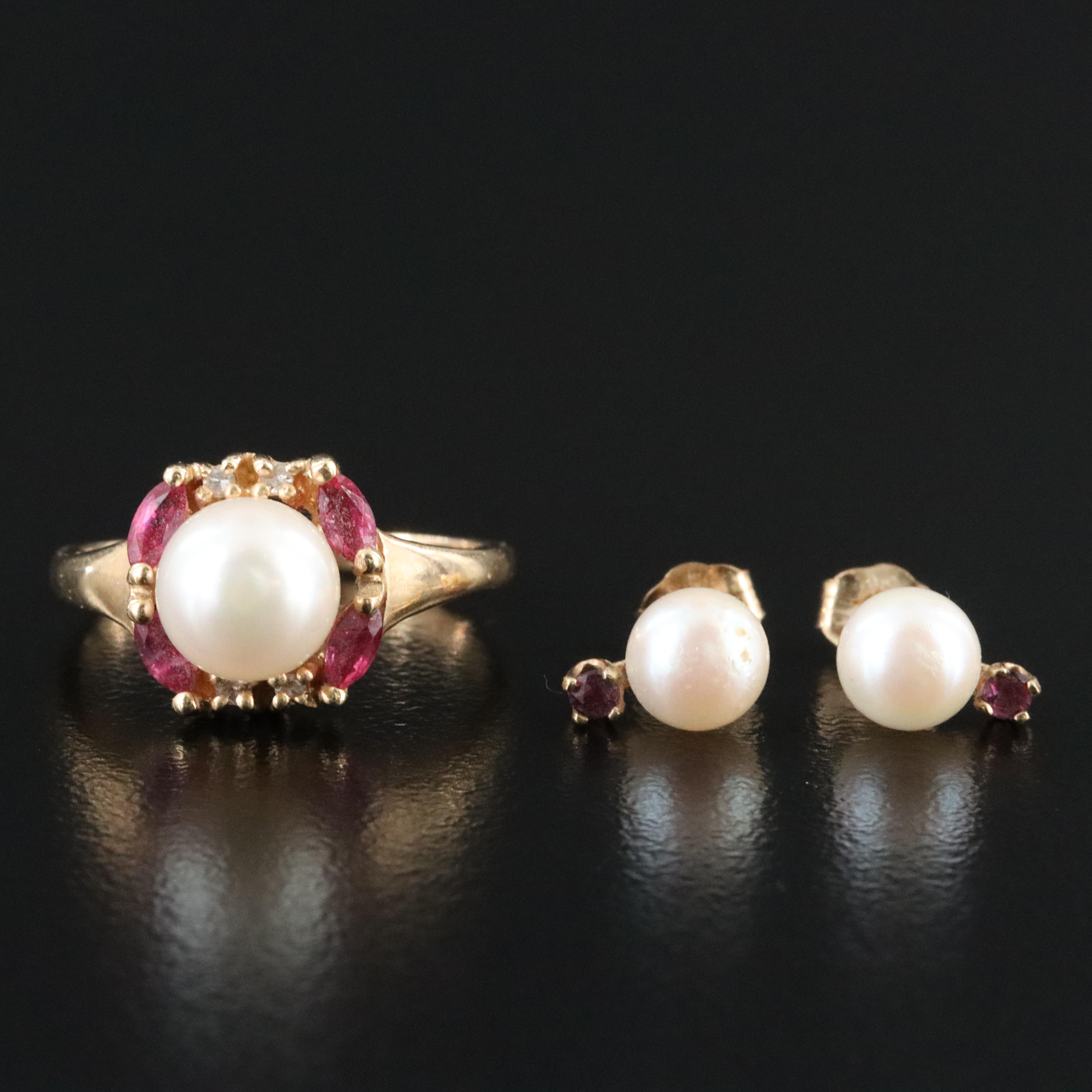 14K Pearl, Ruby, and Diamond Ring with Pearl and Ruby Earrings