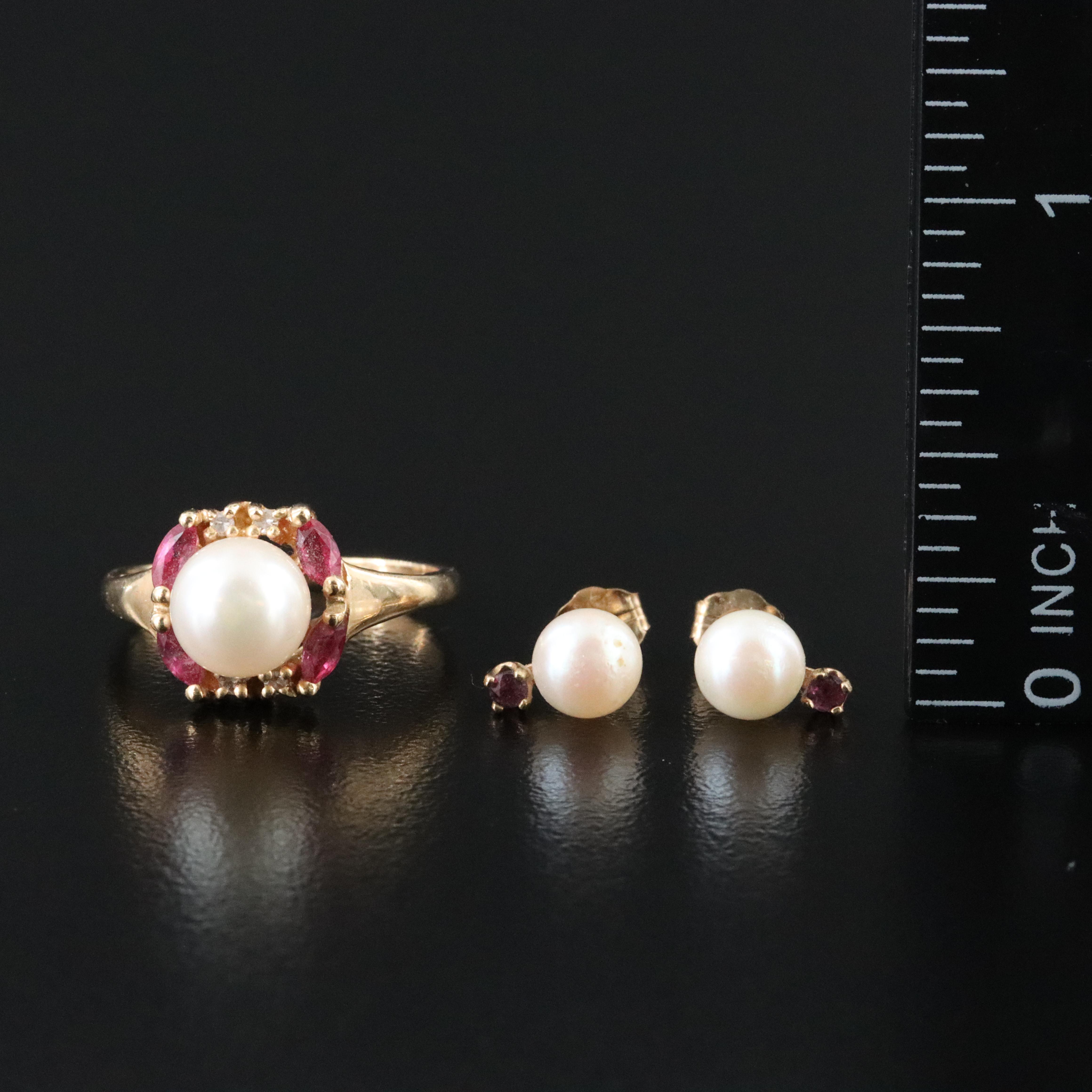 14K Pearl, Ruby, and Diamond Ring with Pearl and Ruby Earrings