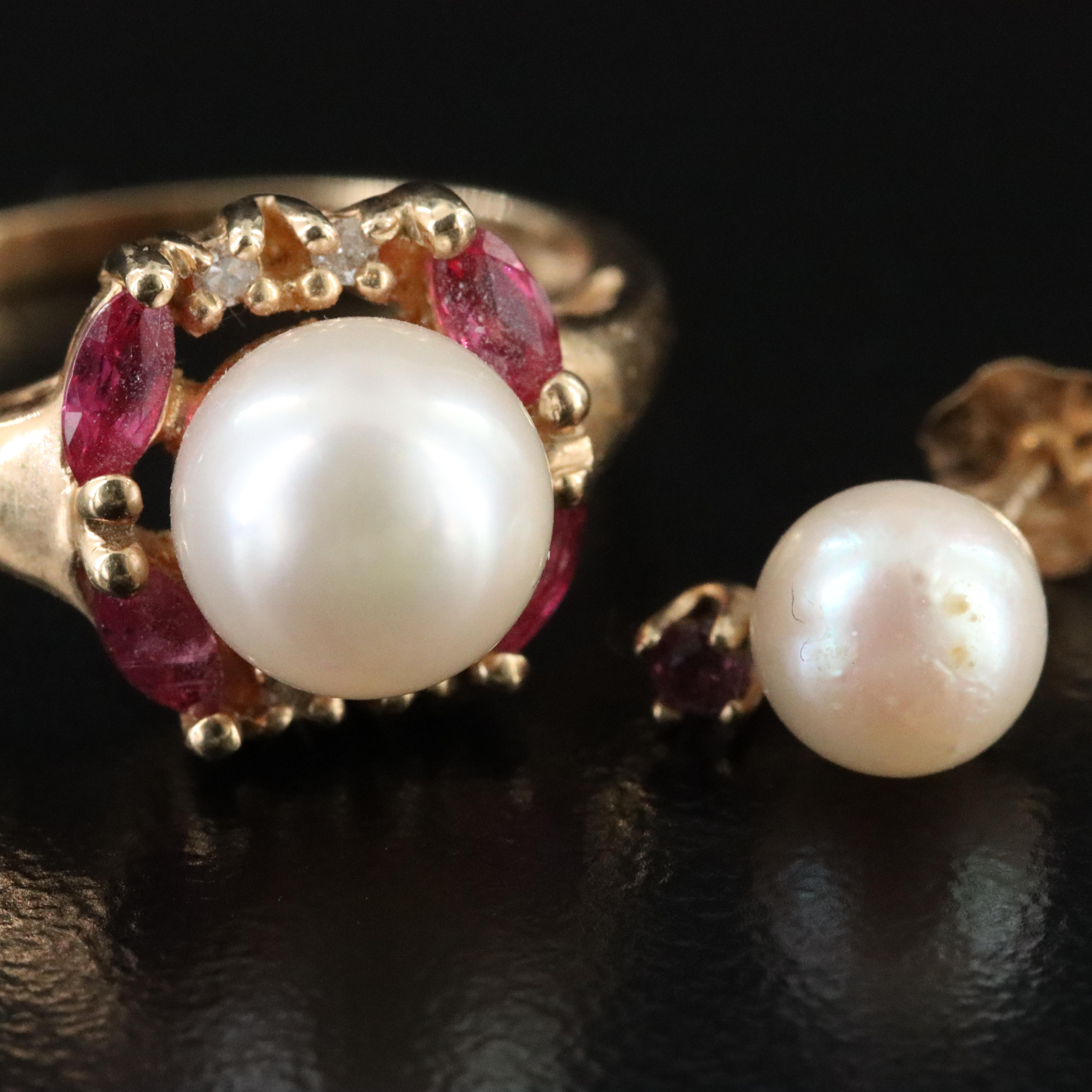 14K Pearl, Ruby, and Diamond Ring with Pearl and Ruby Earrings