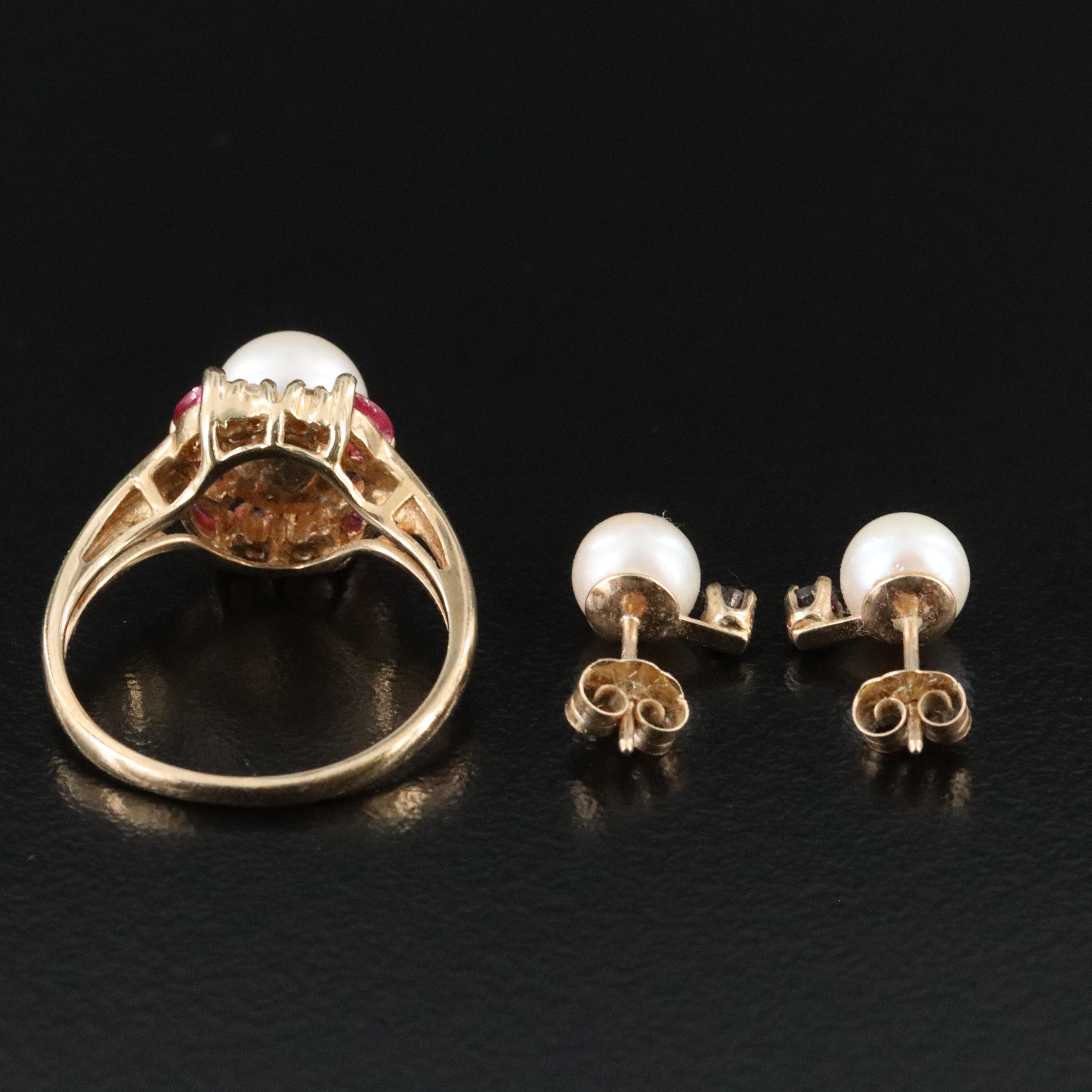 14K Pearl, Ruby, and Diamond Ring with Pearl and Ruby Earrings