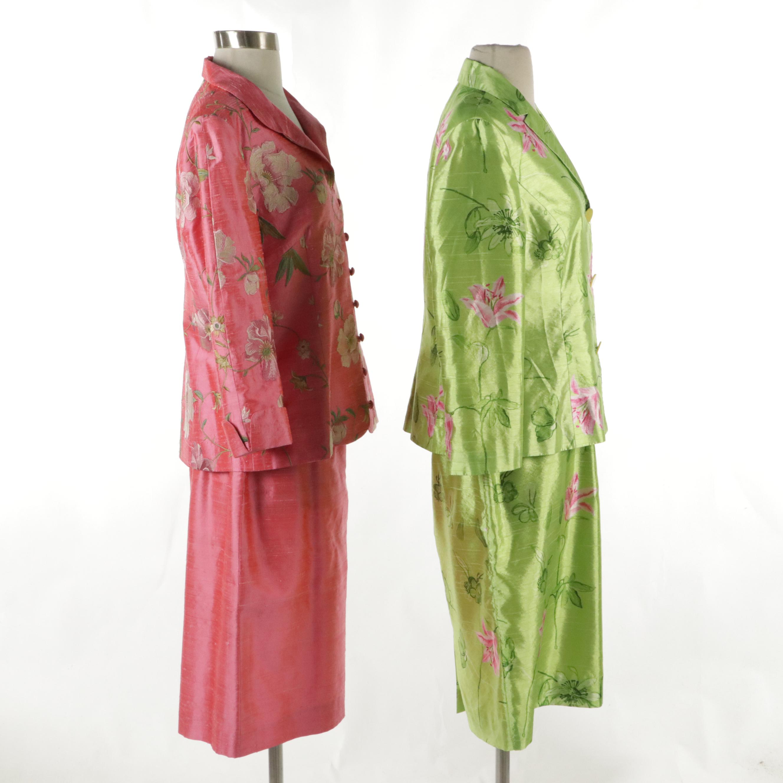 Paule Vasseur Silk Shantung and Renée DuMarr Polyester Floral Skirt Suits