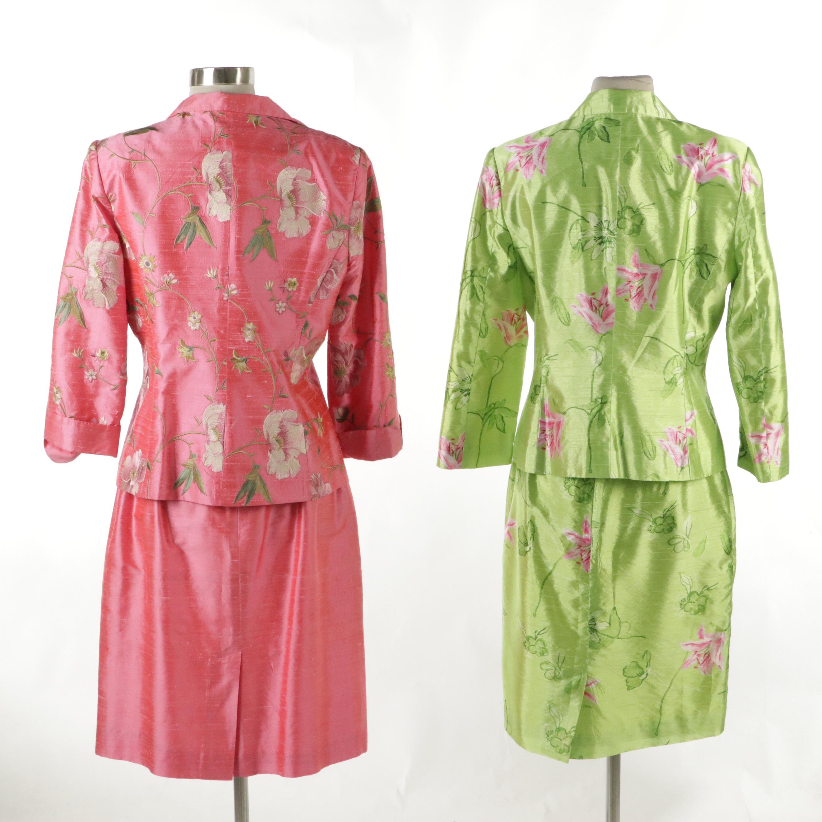 Paule Vasseur Silk Shantung and Renée DuMarr Polyester Floral Skirt Suits