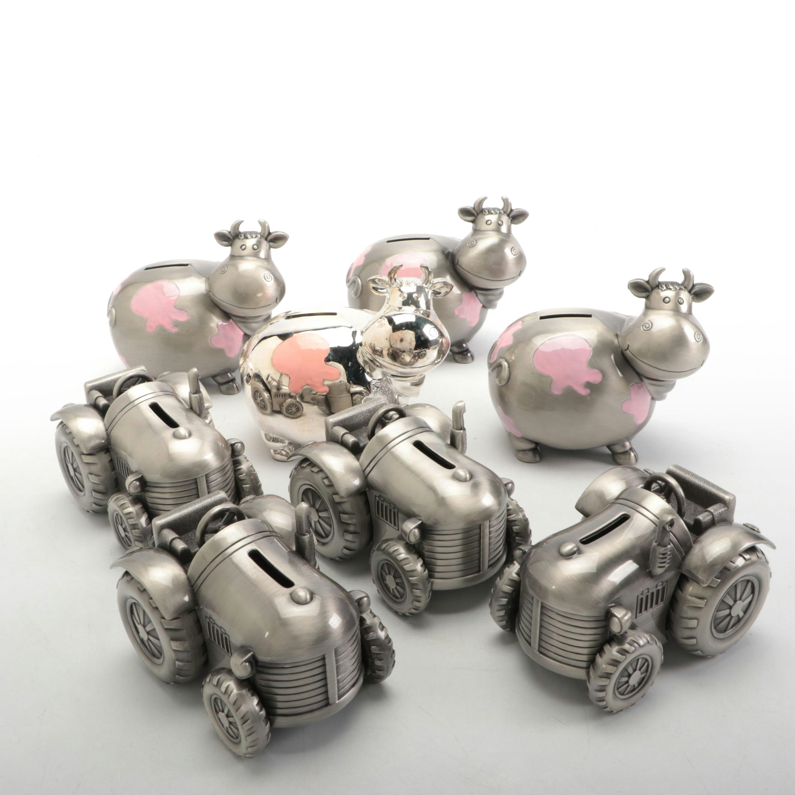 Tractor and Cow Brushed Metal Banks