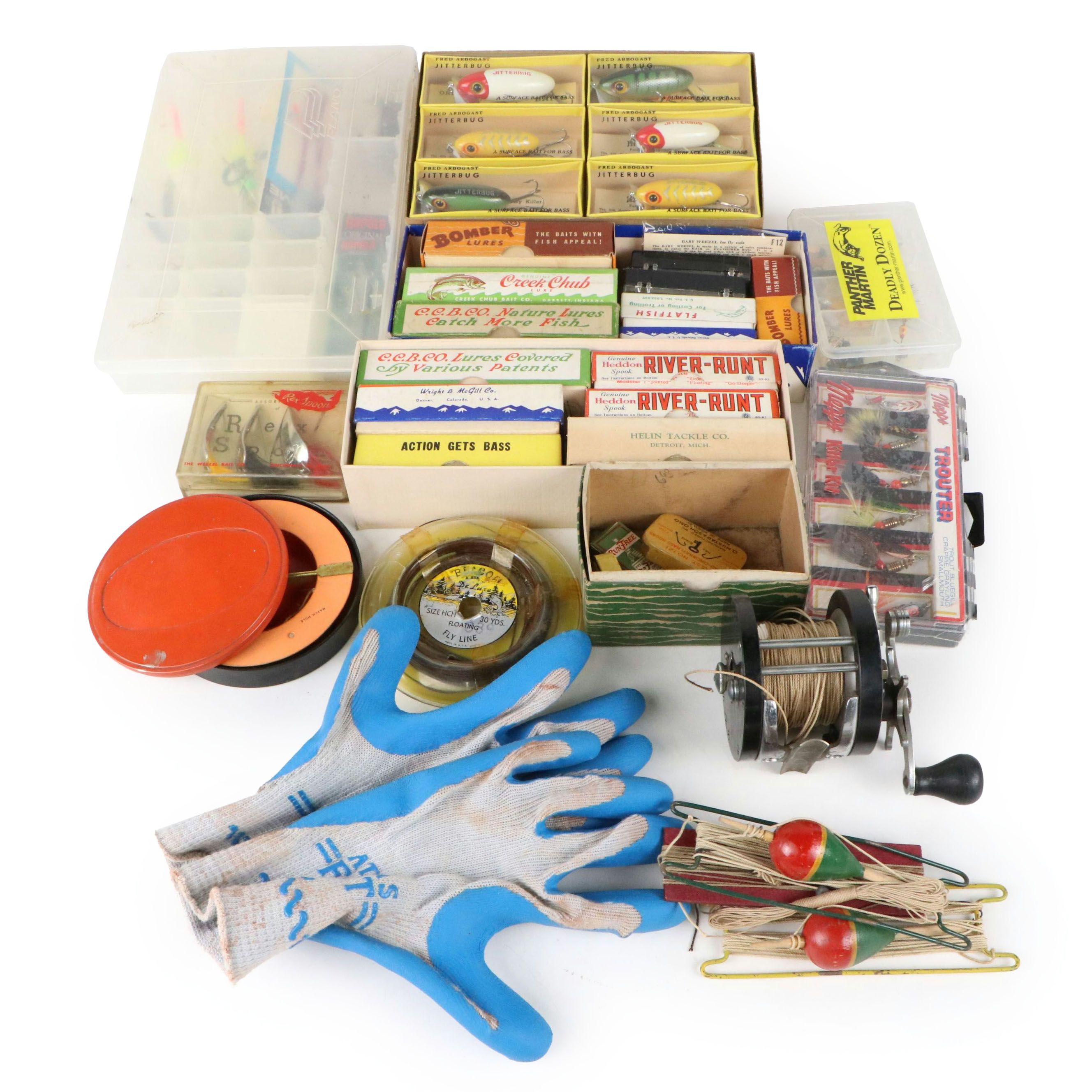 Fred Arbogast Jitterbug Surface Bait with Other Vintage Tackle, Lines, and Reel