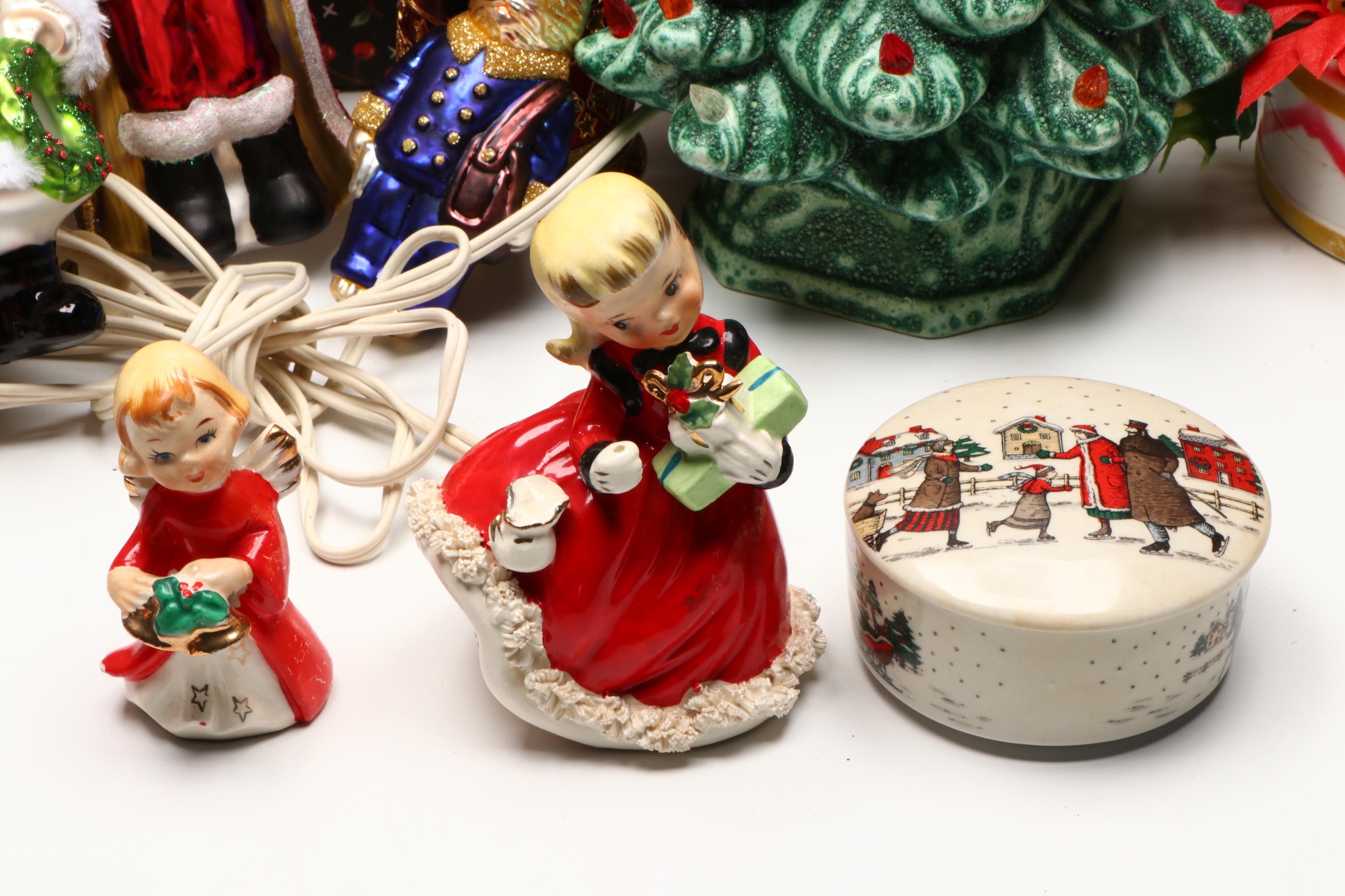 Collection of Glass and Ceramic Christmas Décor with Vintage Ornaments