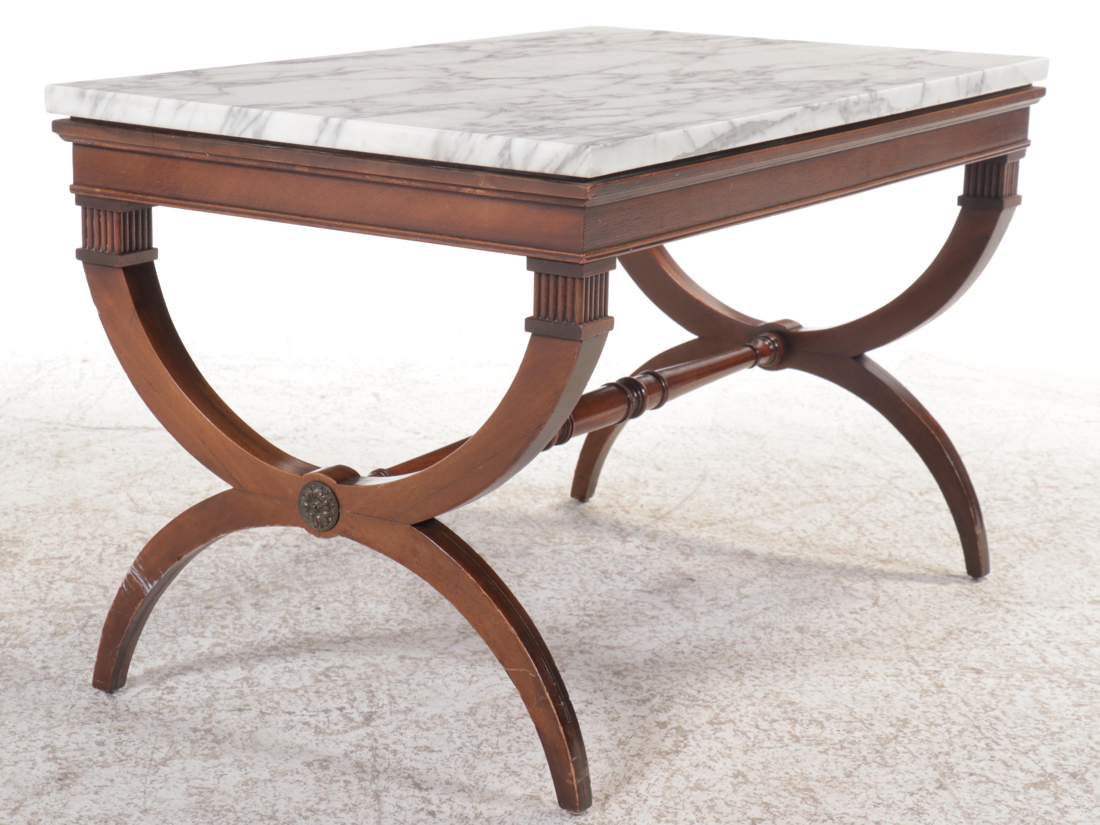Grand Rapids Furniture Co. Neoclassical Style Curule Leg Marble Top Side Table