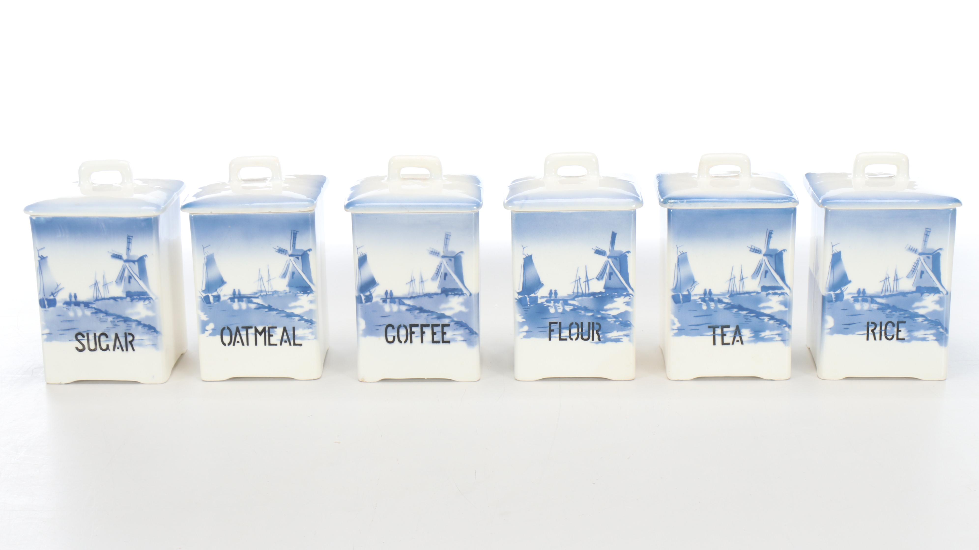 Czechoslovakian Delft Porcelain Food Storage Containers with Clocks and Shelf