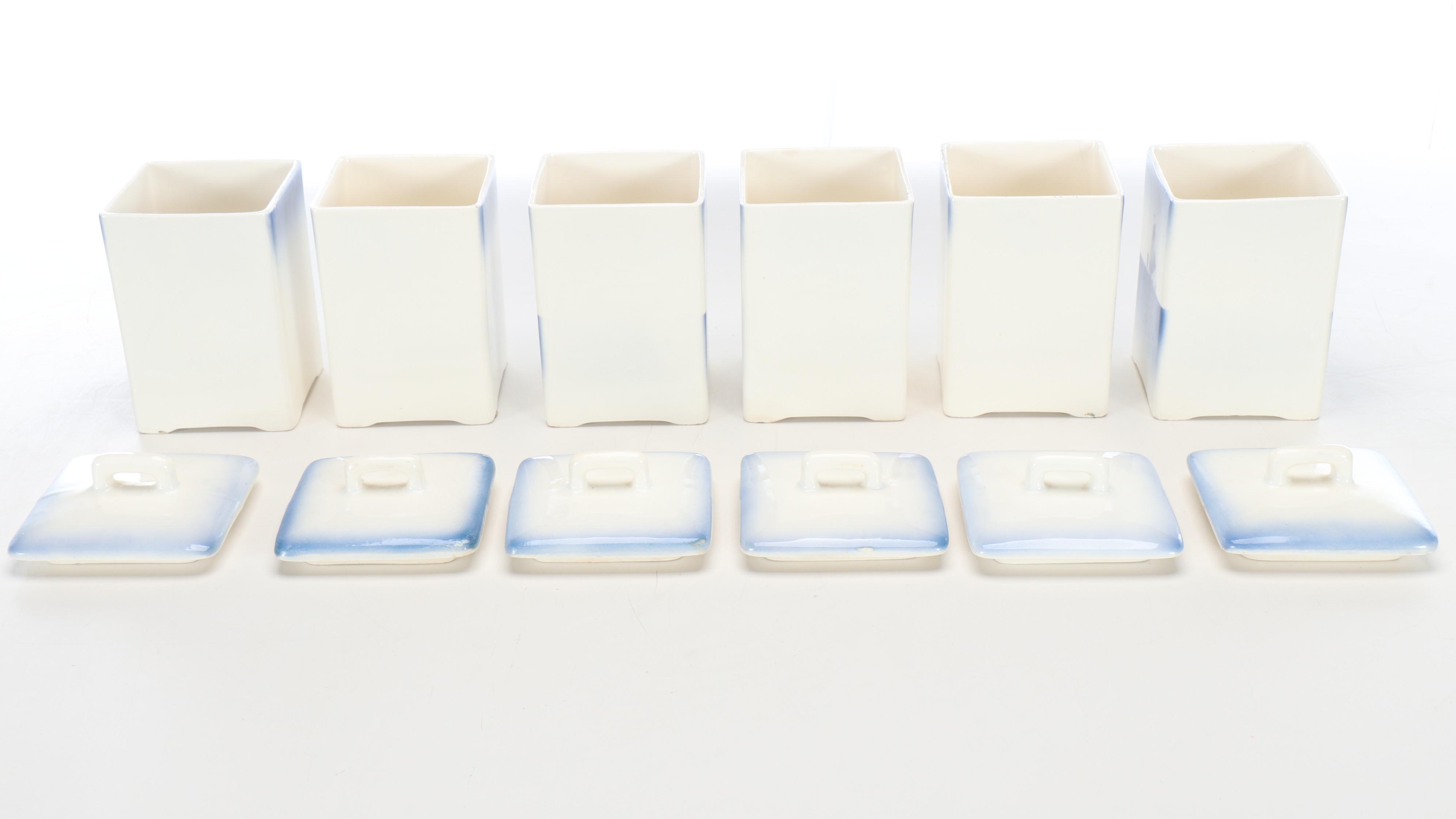 Czechoslovakian Delft Porcelain Food Storage Containers with Clocks and Shelf