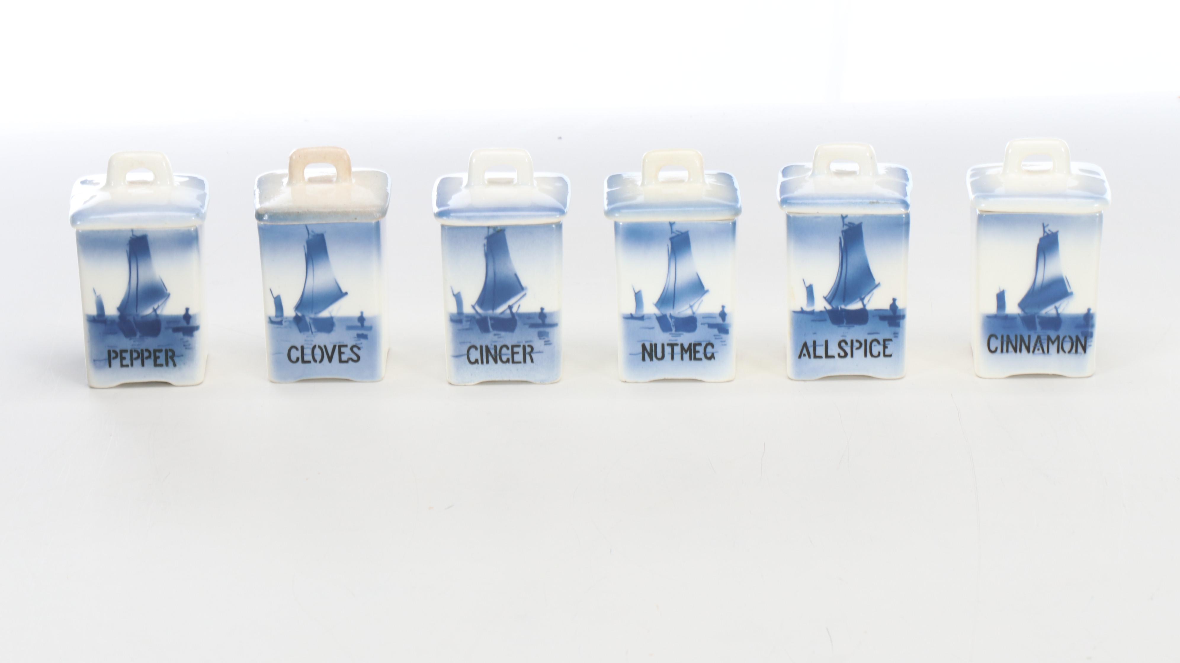 Czechoslovakian Delft Porcelain Food Storage Containers with Clocks and Shelf