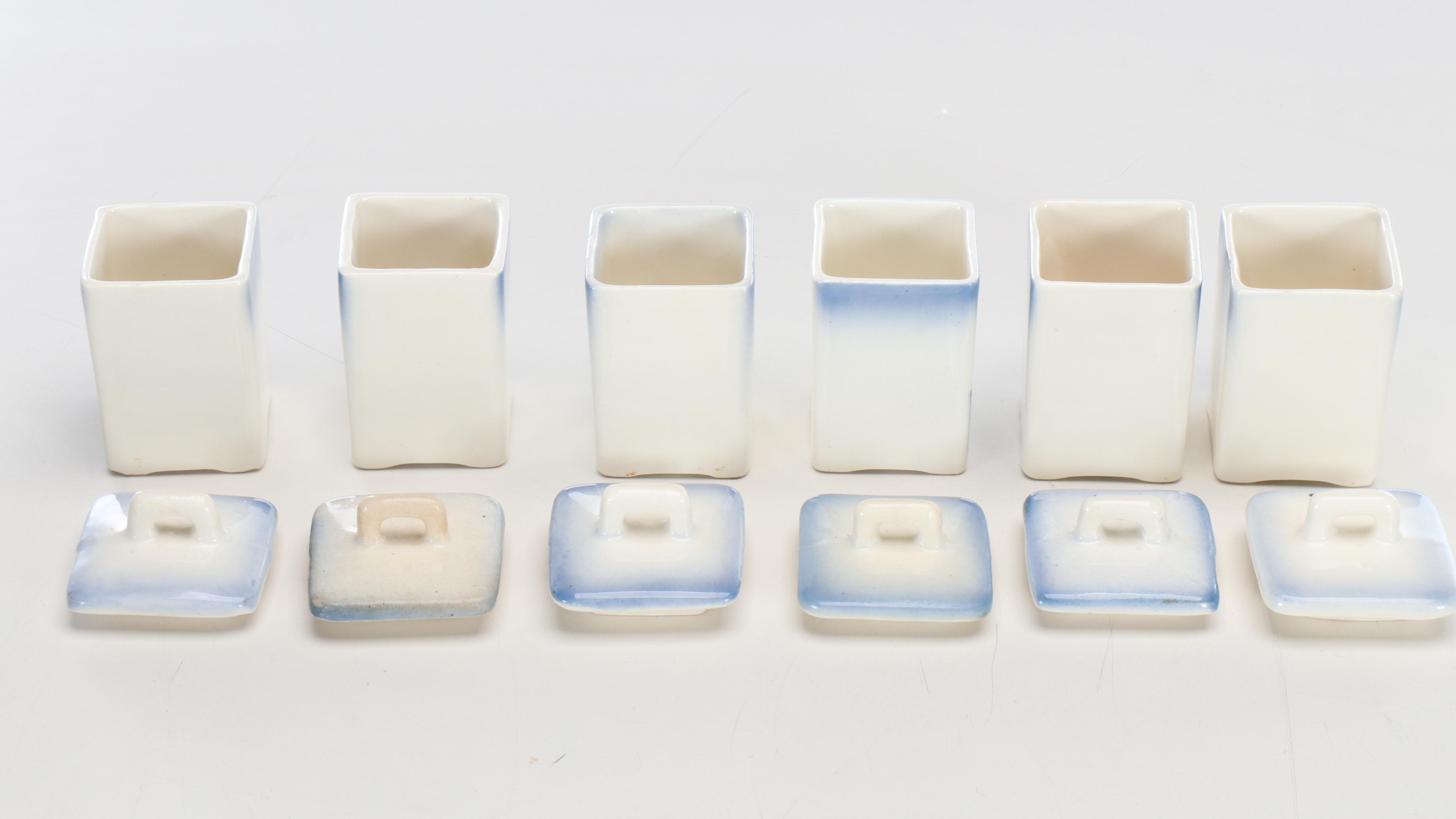 Czechoslovakian Delft Porcelain Food Storage Containers with Clocks and Shelf